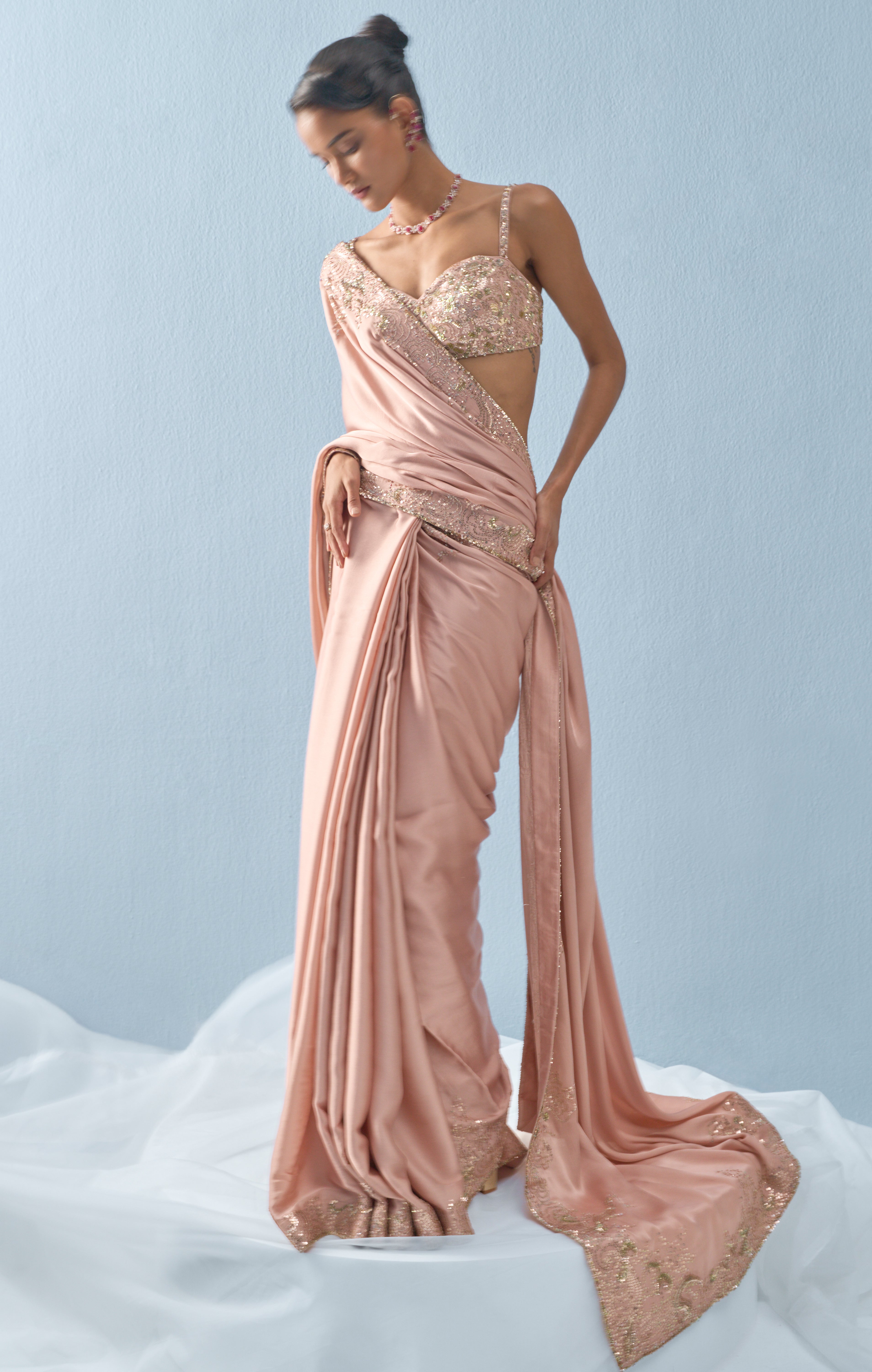 Nude Pink Satin Saree Set