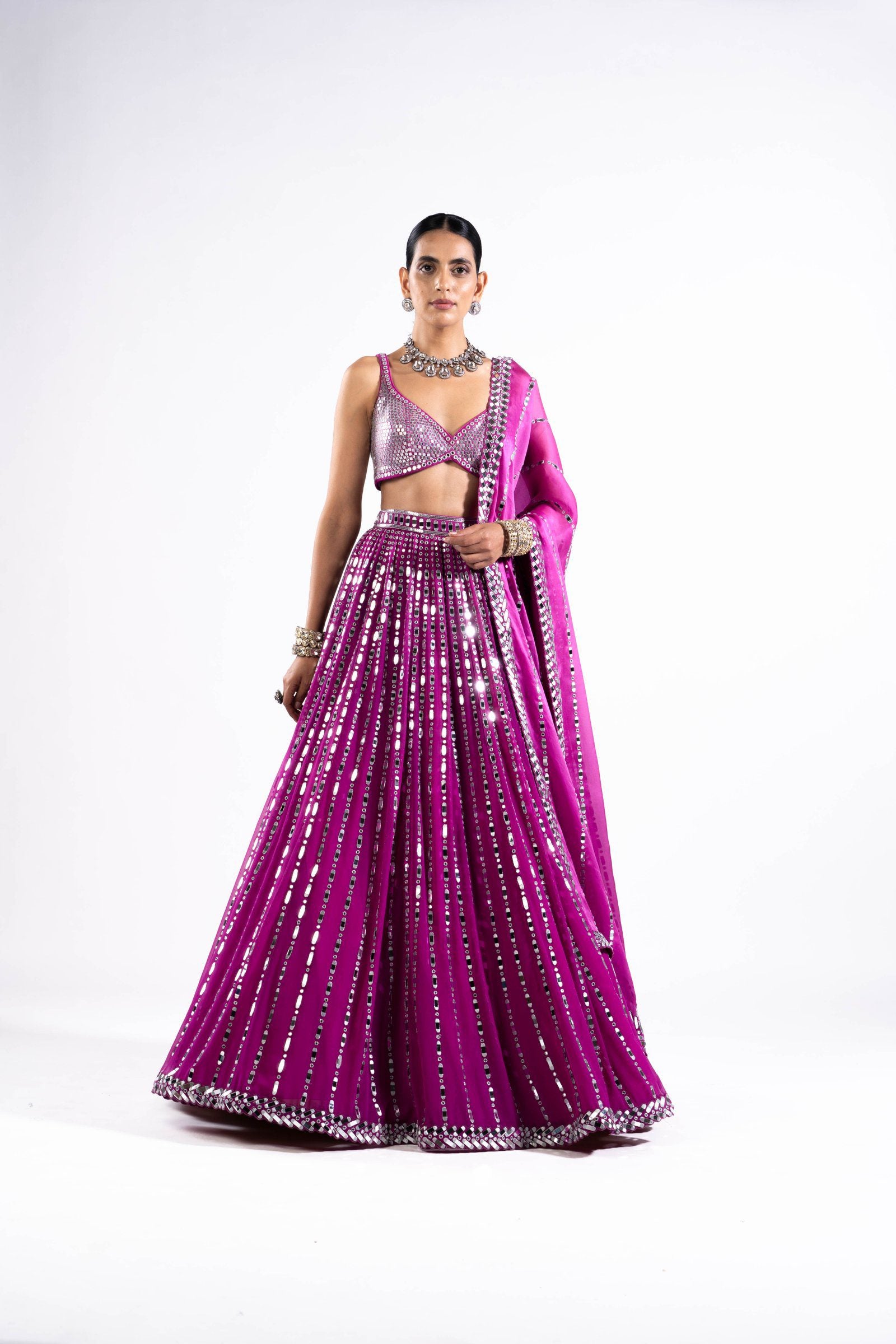 Vvani Vats,VASS LH 2342,Pop Wine Linear Drop Lehenga With Metallic Blouse