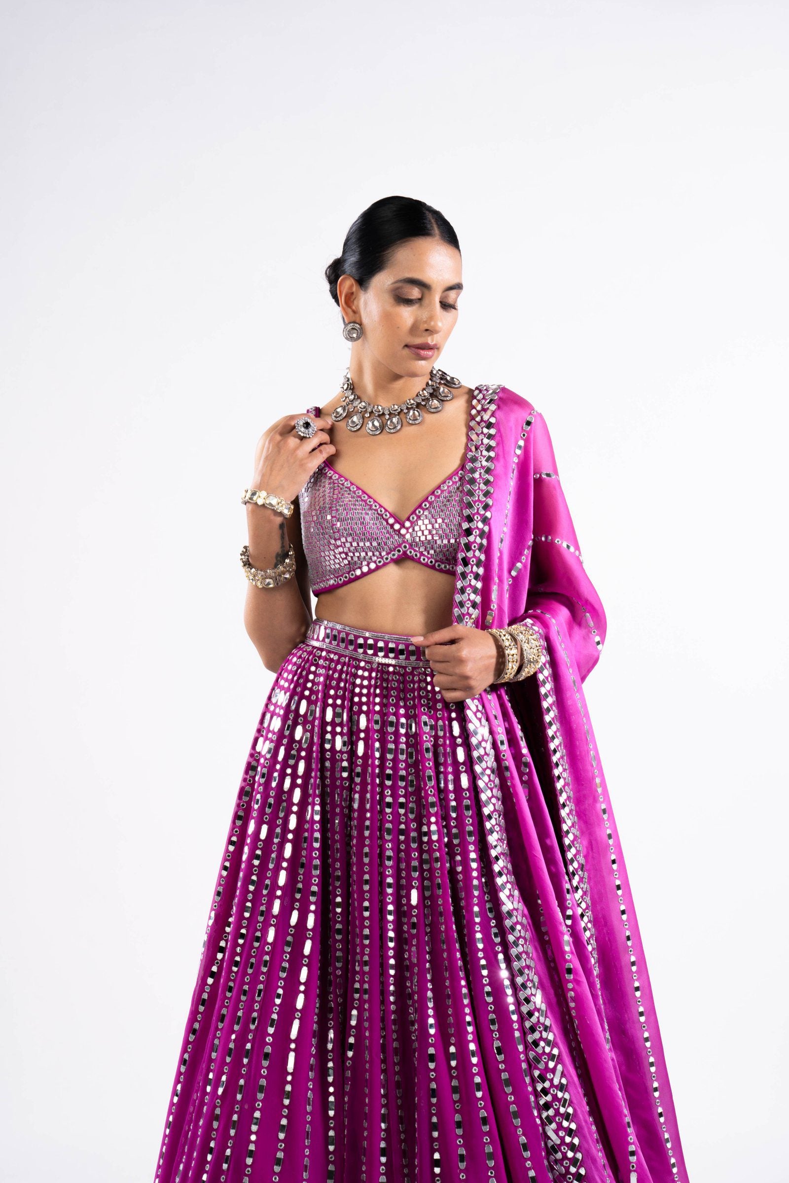 Vvani Vats,VASS LH 2342,Pop Wine Linear Drop Lehenga With Metallic Blouse