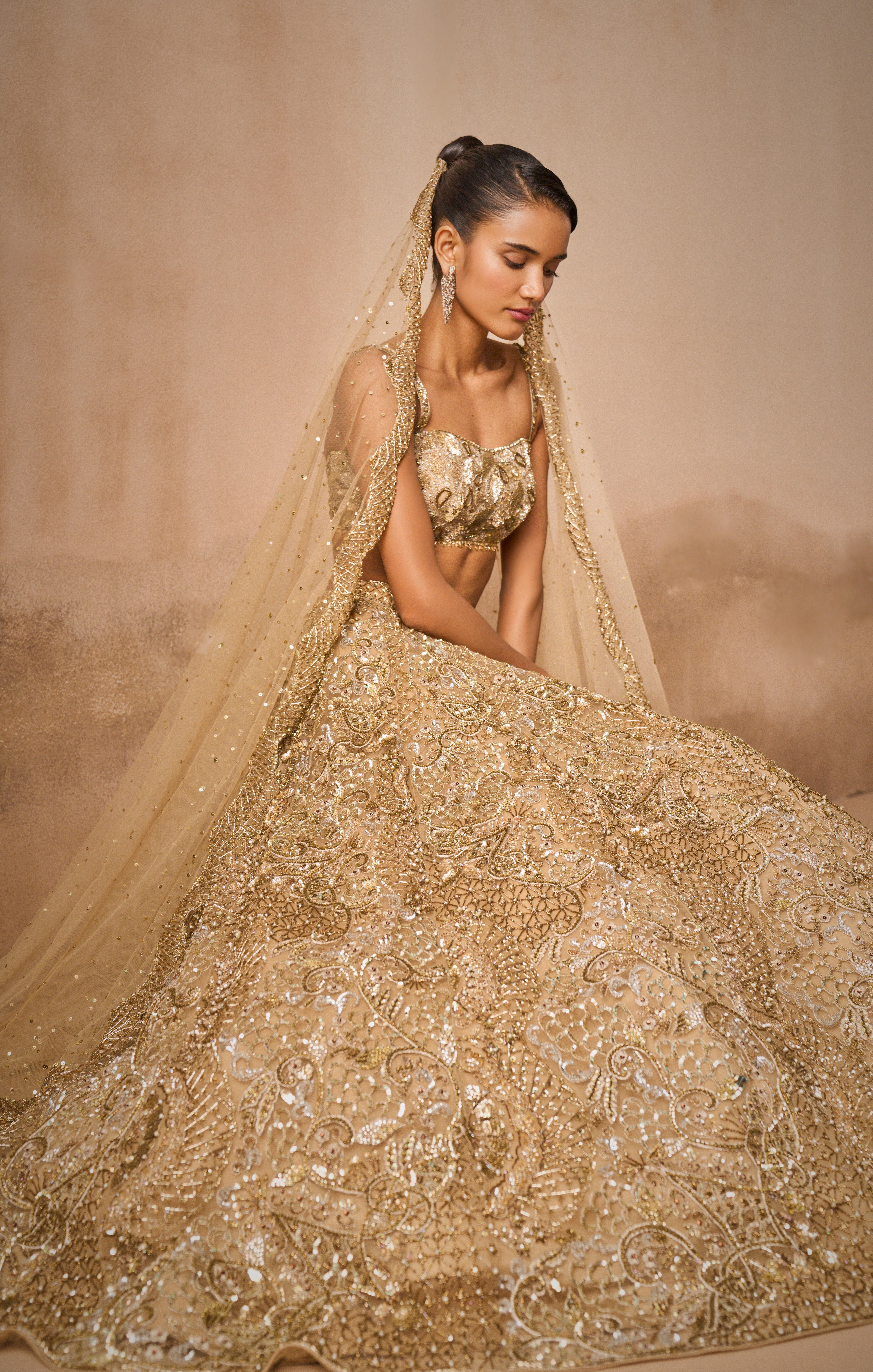 Beige Gold Tulle Sparkle Lehenga Set