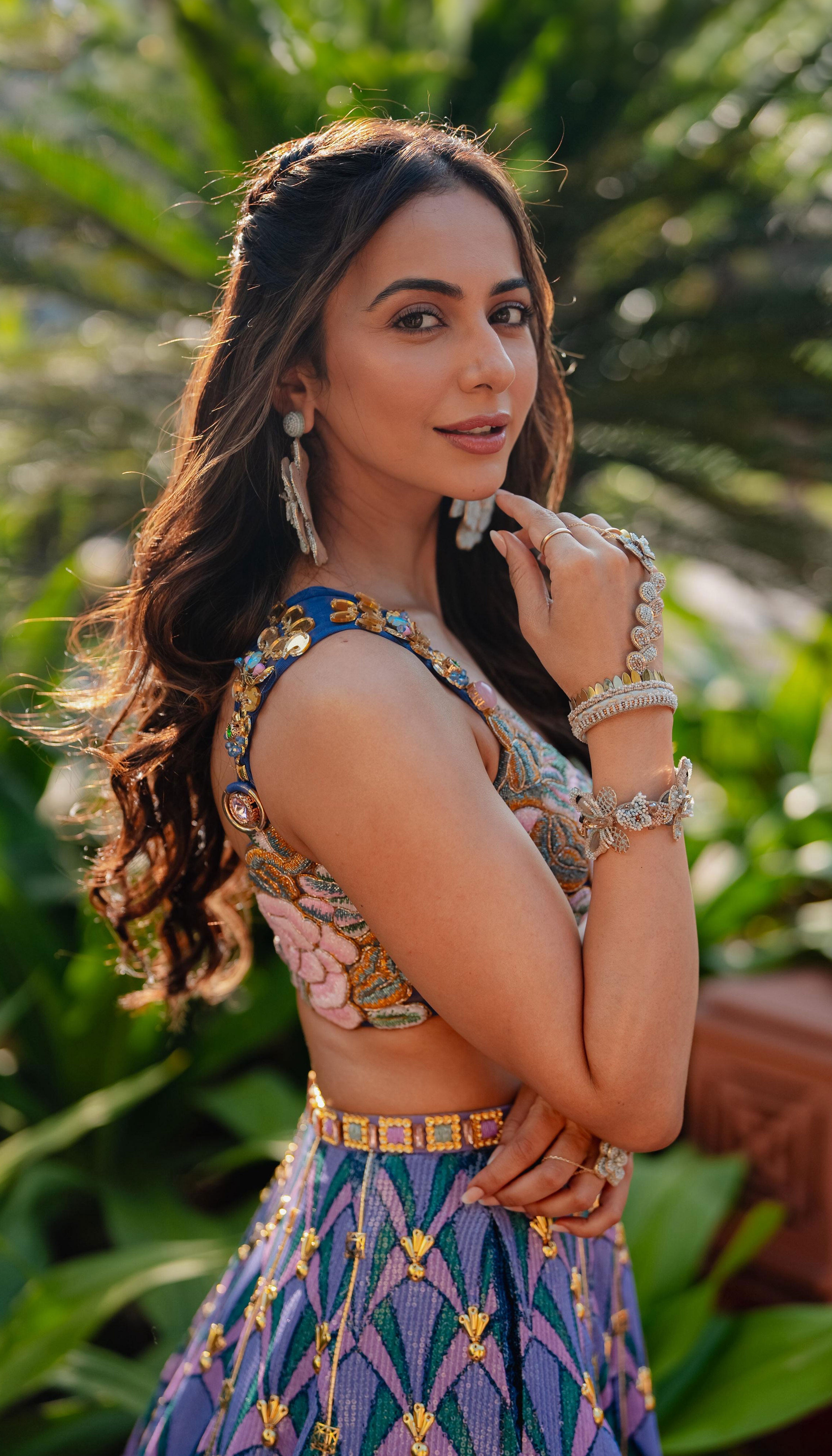 Rakul Preet In Lyons- Tropical Blue Printed And Embellished Full Lehenga