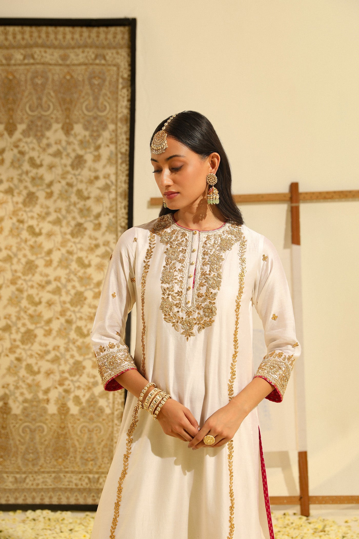 Shiza - Daisy Ivory Hand Embroidered Long Kurta With Palazzo And Dupatta