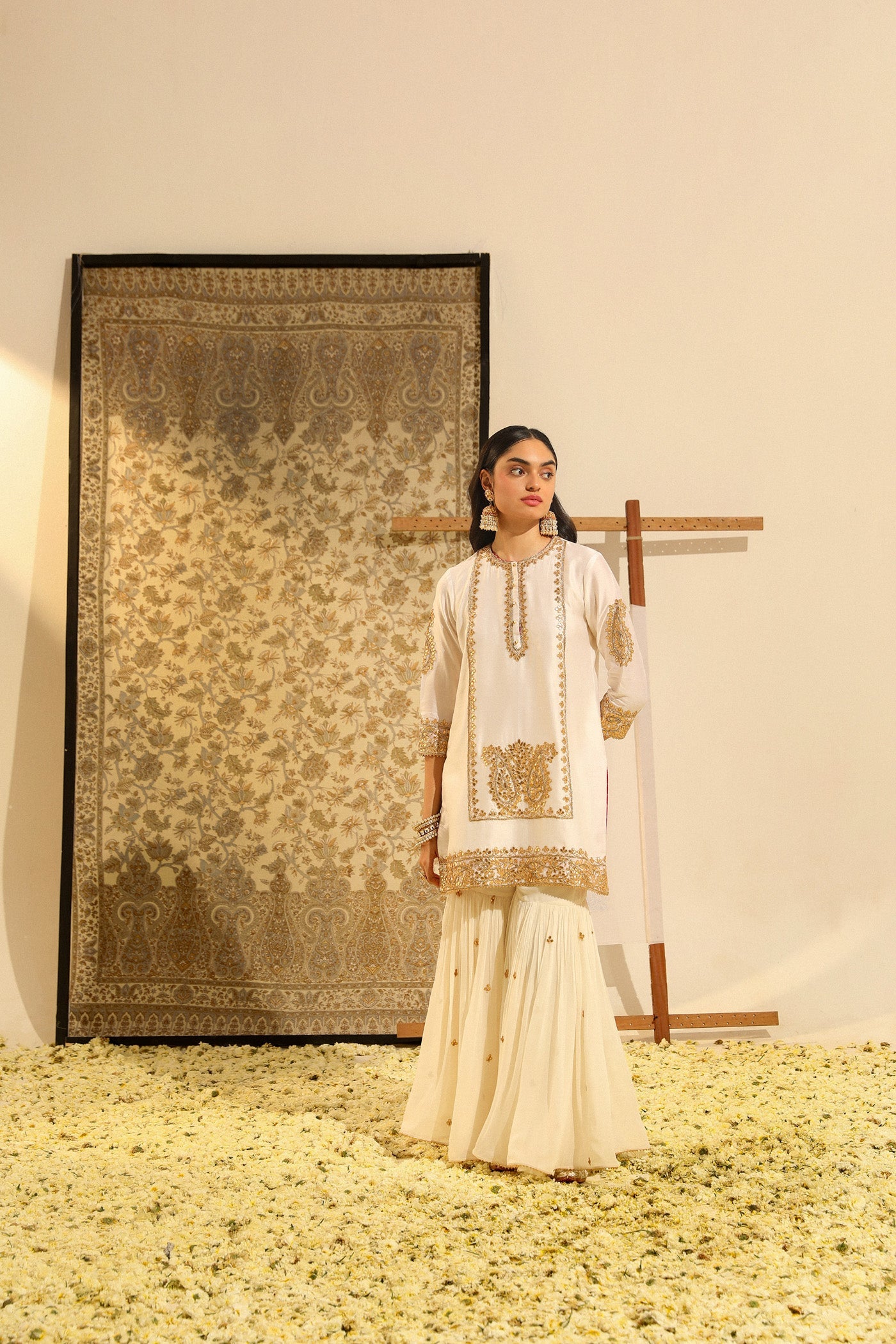 Siraj - Daisy Ivory Hand Embroidered Kurta With Garara And Odhni