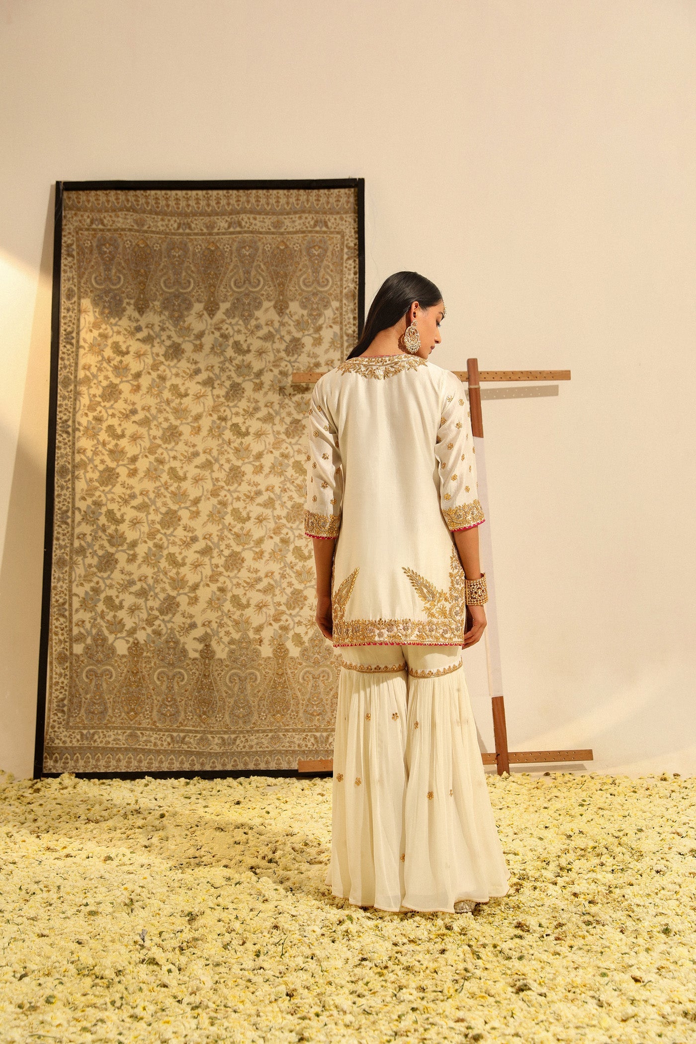Shamshul - Daisy Ivory Hand Embroidered Kurta With Garara And Odhni