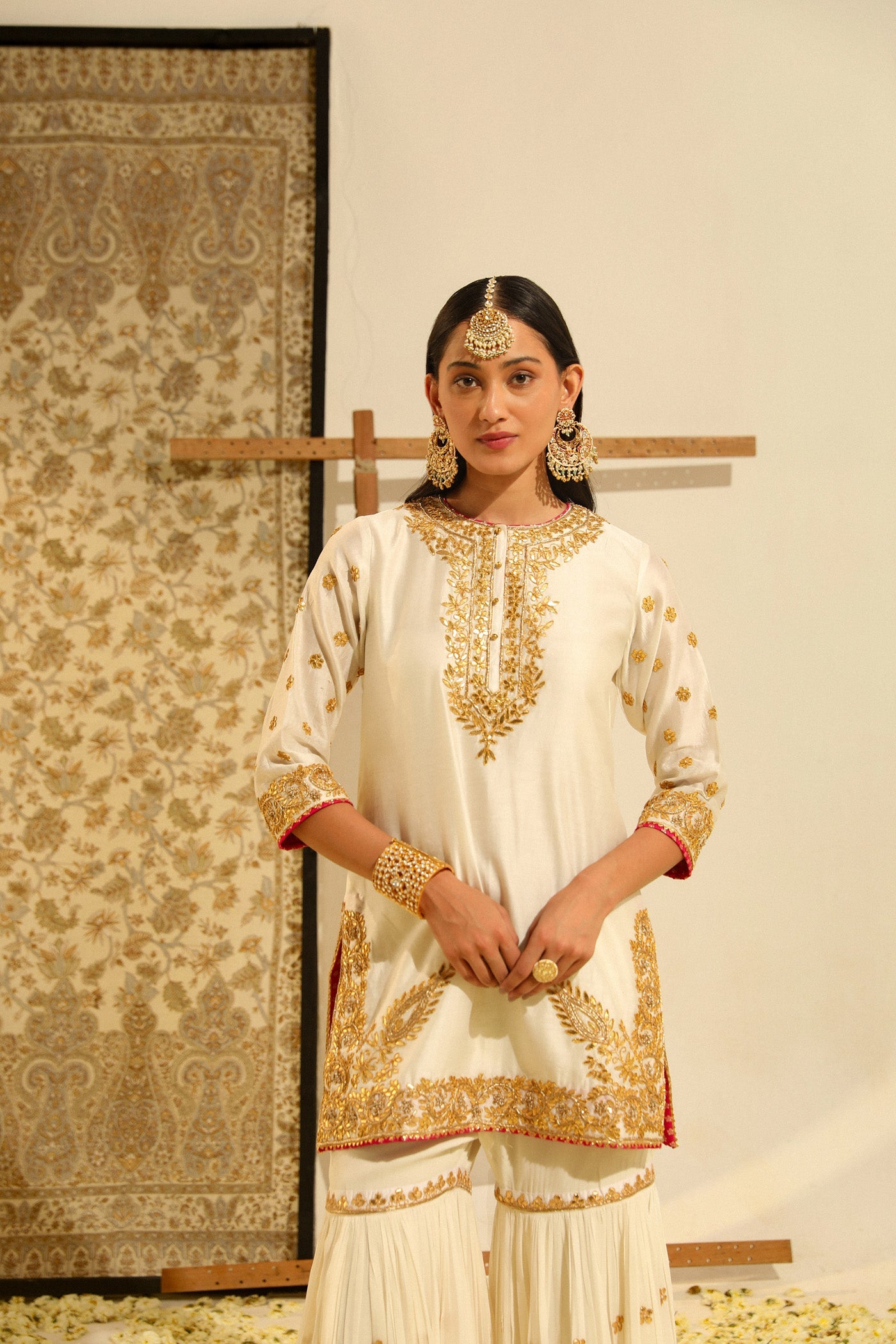 Shamshul - Daisy Ivory Hand Embroidered Kurta With Garara And Odhni