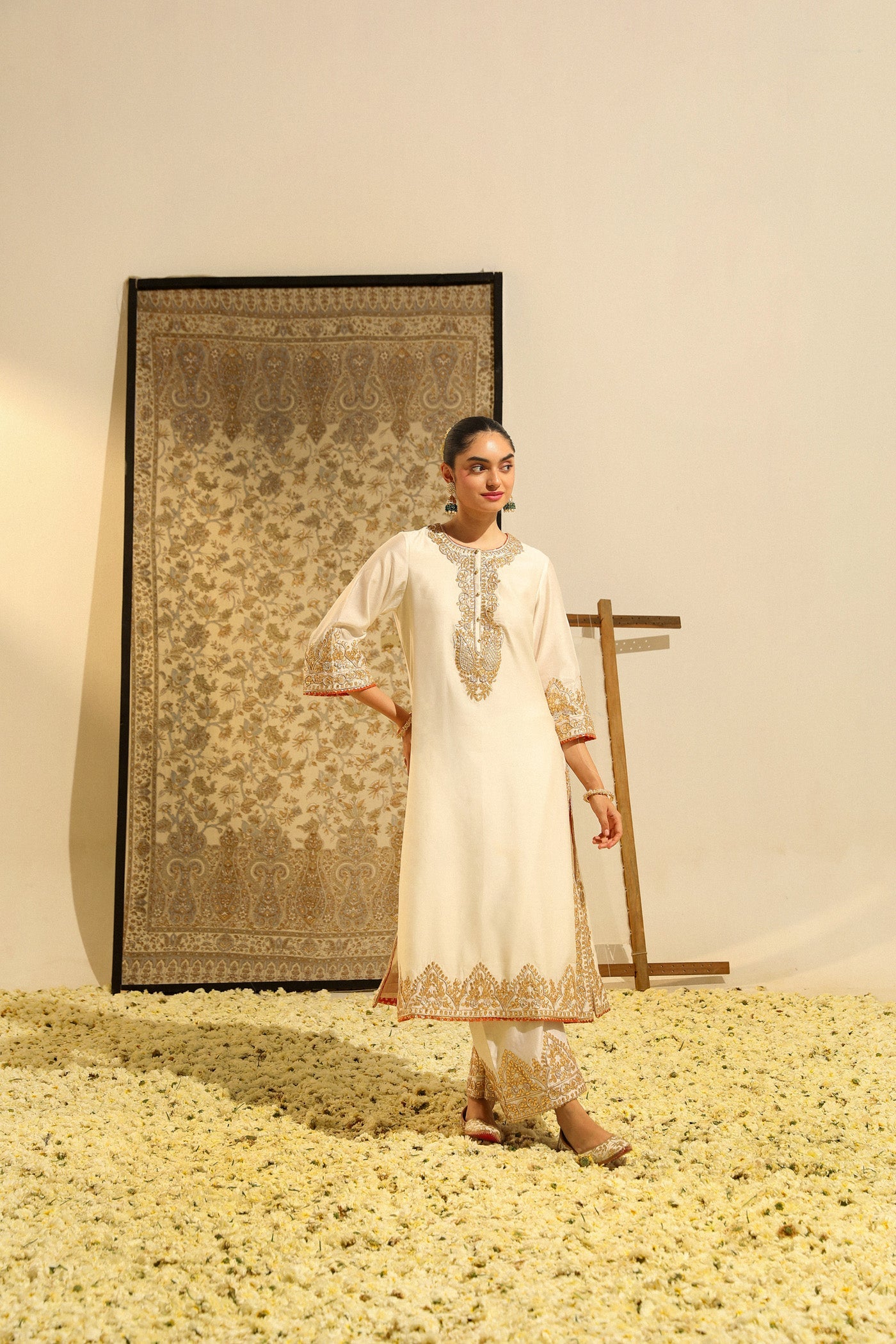 Sahana - Daisy Ivory Hand Embroidered Long Kurta With Palazzo And Dupatta