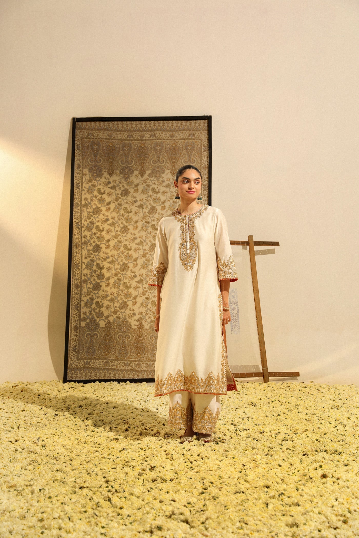 Sahana - Daisy Ivory Hand Embroidered Long Kurta With Palazzo And Dupatta