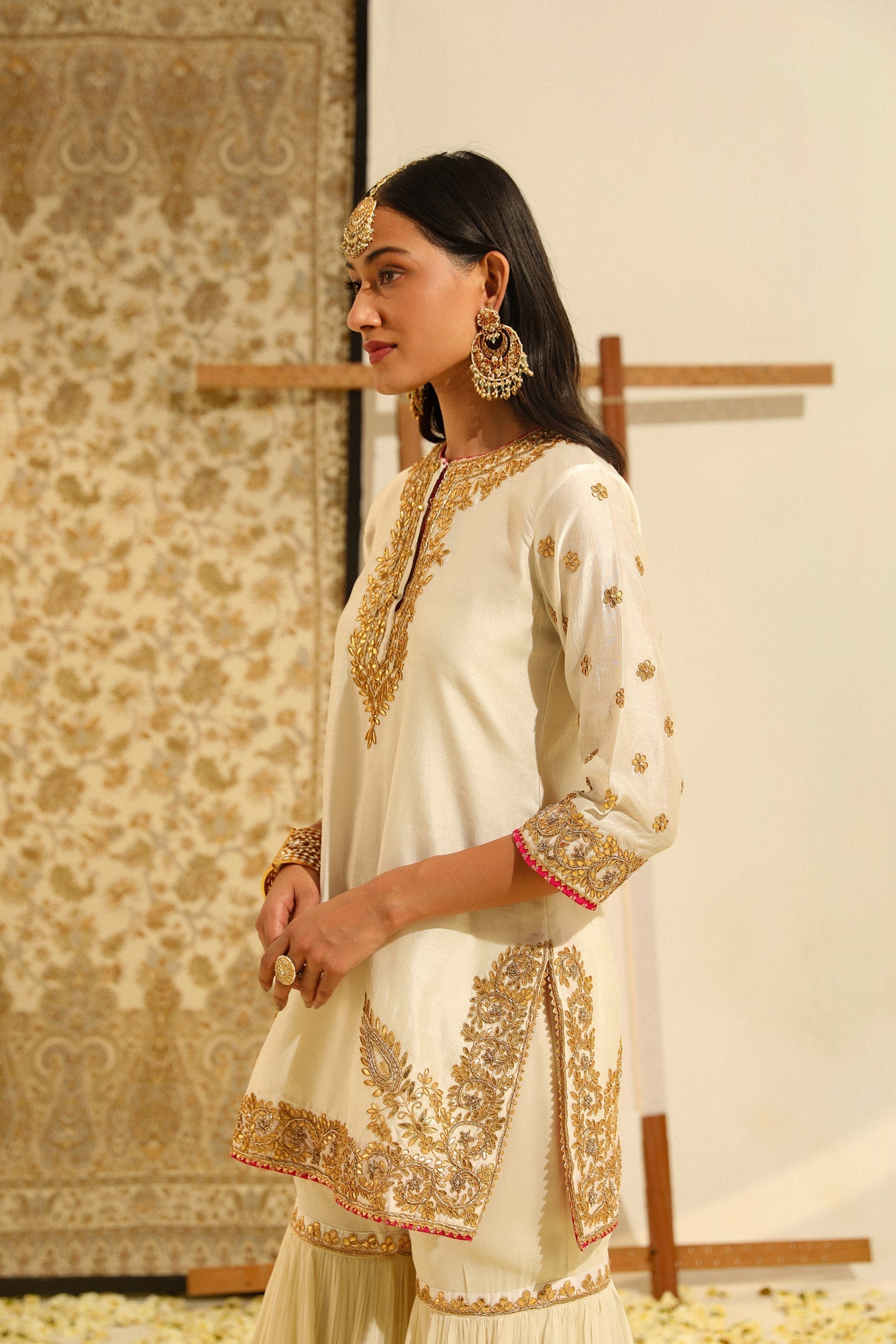 Shamshul - Daisy Ivory Hand Embroidered Kurta With Garara And Odhni