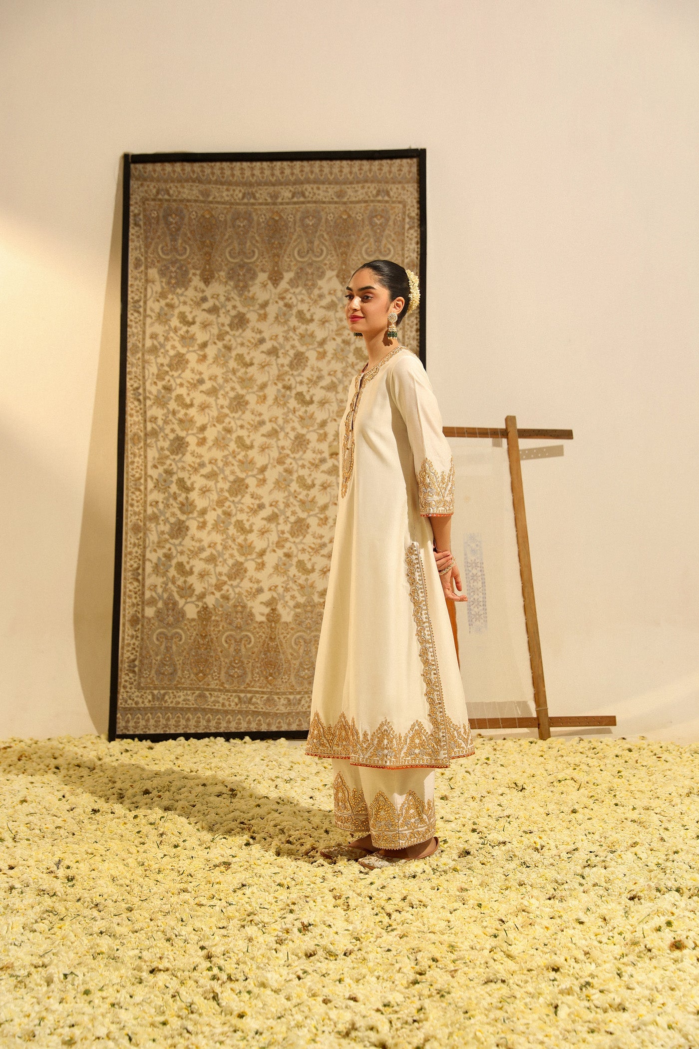Sahana - Daisy Ivory Hand Embroidered Long Kurta With Palazzo And Dupatta
