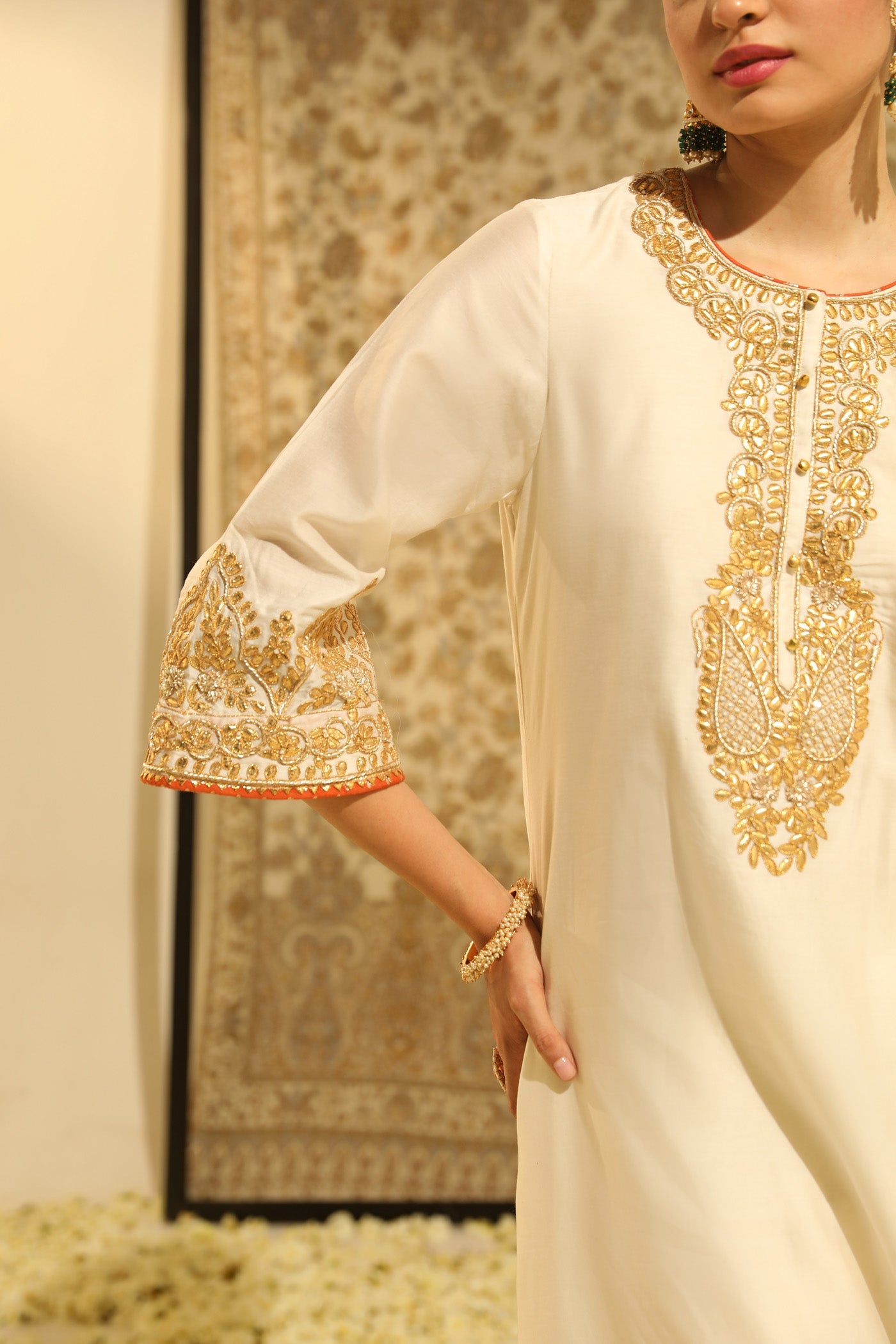 Sahana - Daisy Ivory Hand Embroidered Long Kurta With Palazzo And Dupatta