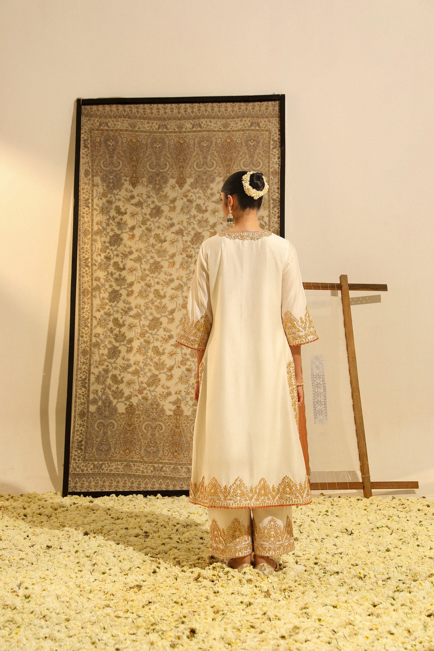 Sahana - Daisy Ivory Hand Embroidered Long Kurta With Palazzo And Dupatta