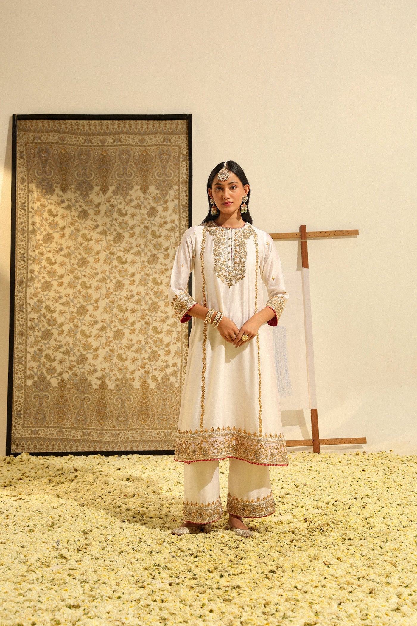 Shiza - Daisy Ivory Hand Embroidered Long Kurta With Palazzo And Dupatta