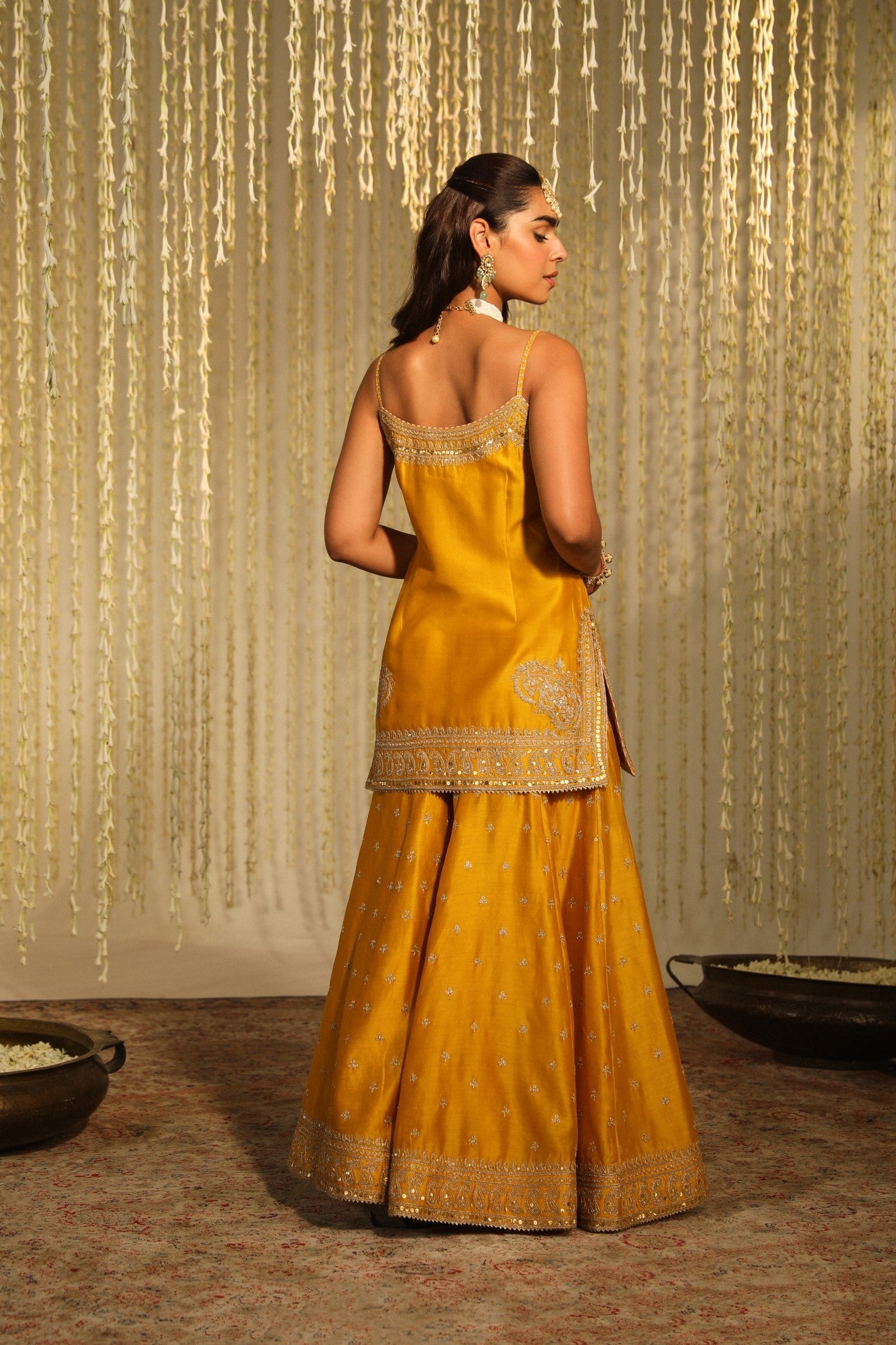 Aabroo - Glaze Mustard Short Kurta With Sharara And Dupatta