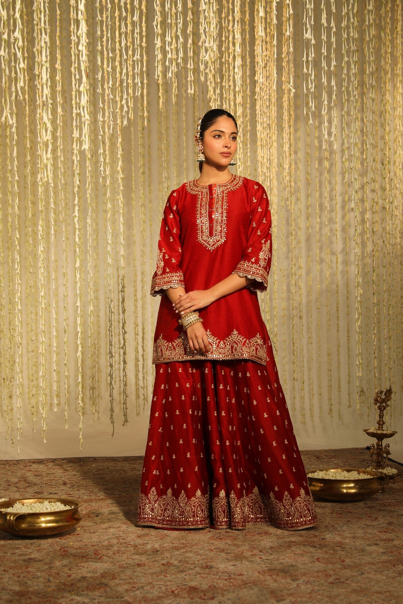 Mishika - Deep Red Kurta With Sharara And Dupatta