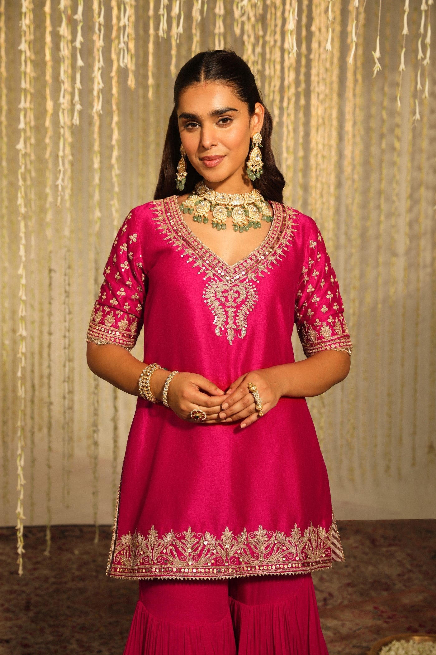Aaira - Rani Hotpink Short Kurta With Garara And Dupatta