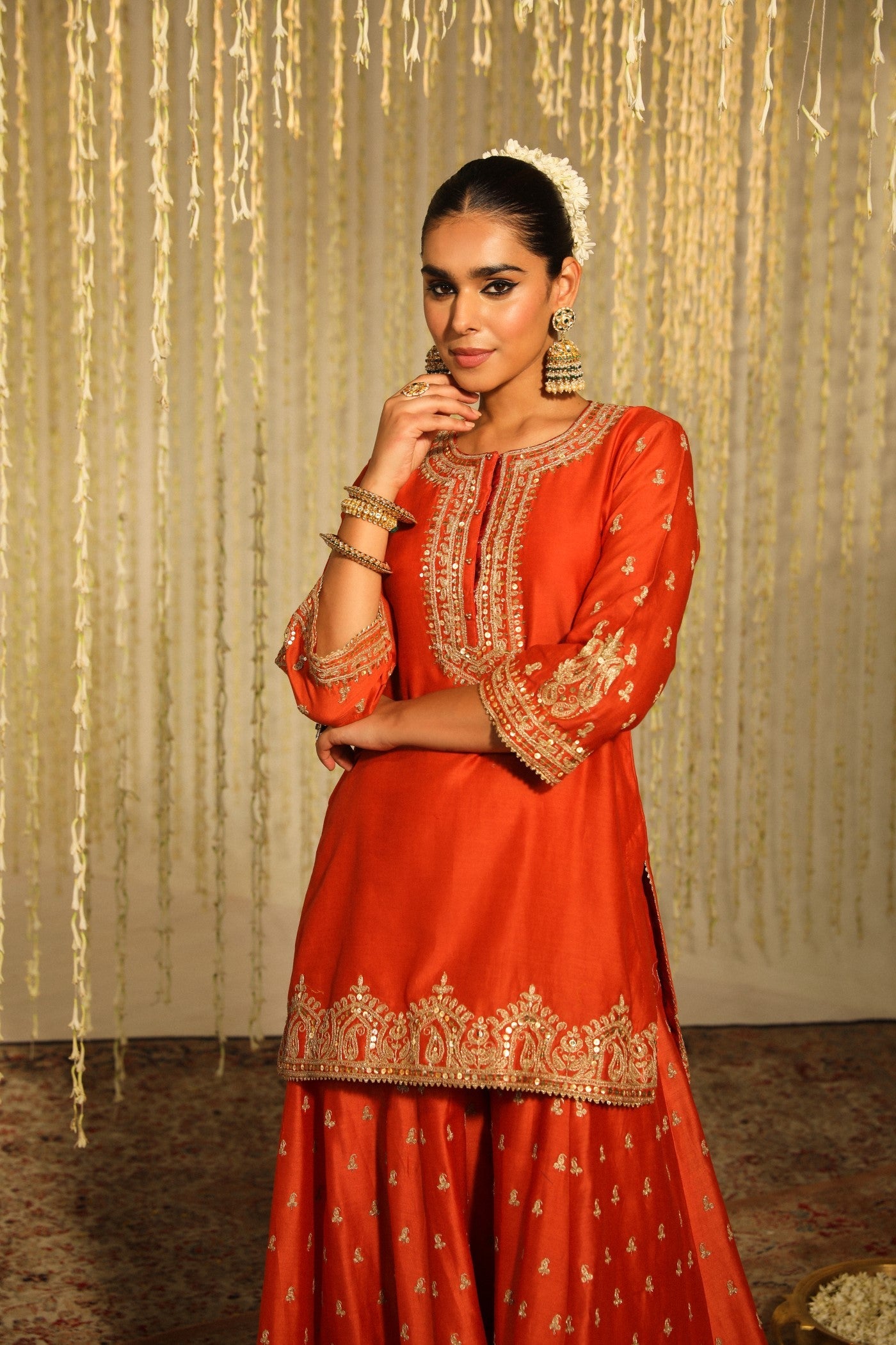 Mishika - Burnt Orange Kurta With Sharara And Dupatta