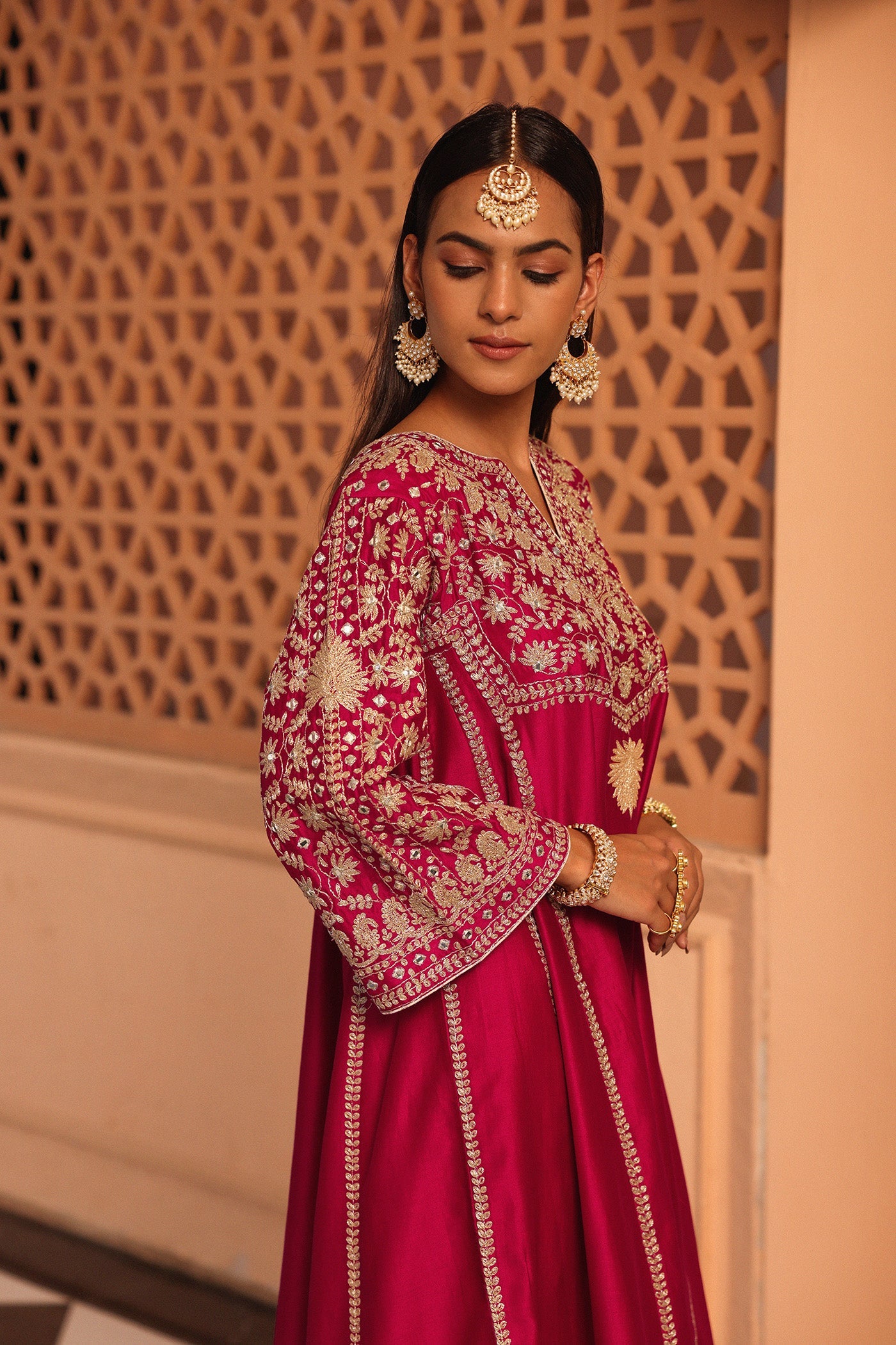 Aiman - Rani Hotpink Short Knee Length Choga With Salwar And Odhni