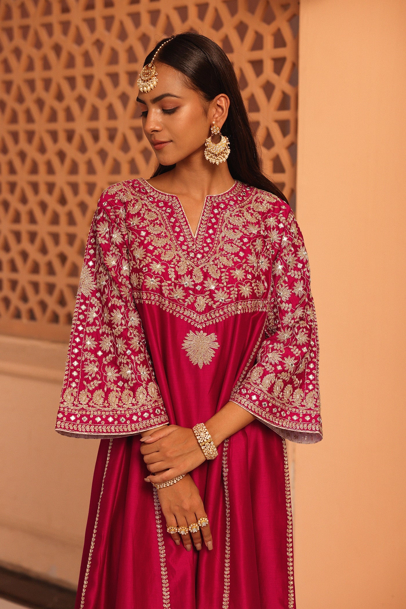 Aiman - Rani Hotpink Short Knee Length Choga With Salwar And Odhni