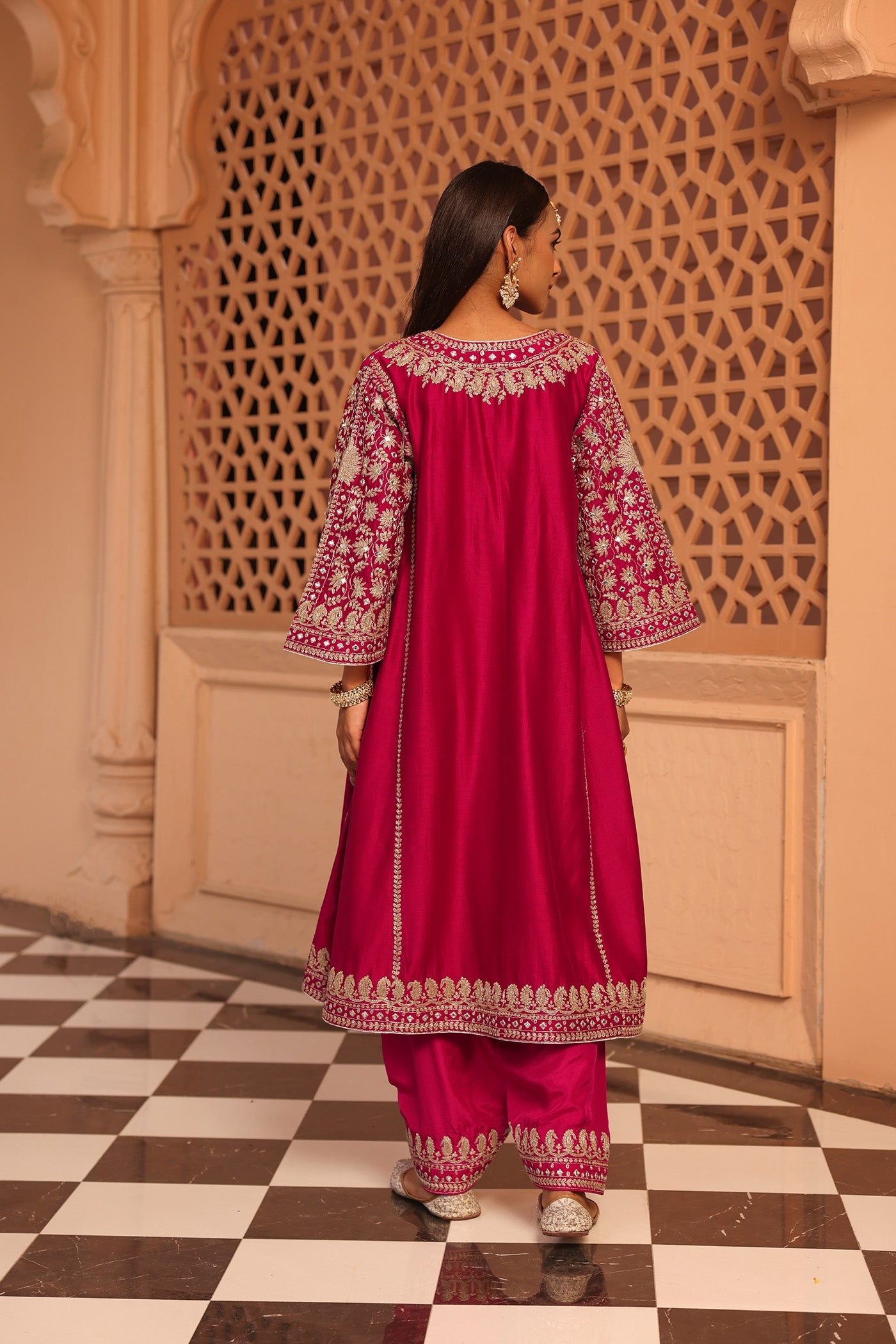 Aiman - Rani Hotpink Short Knee Length Choga With Salwar