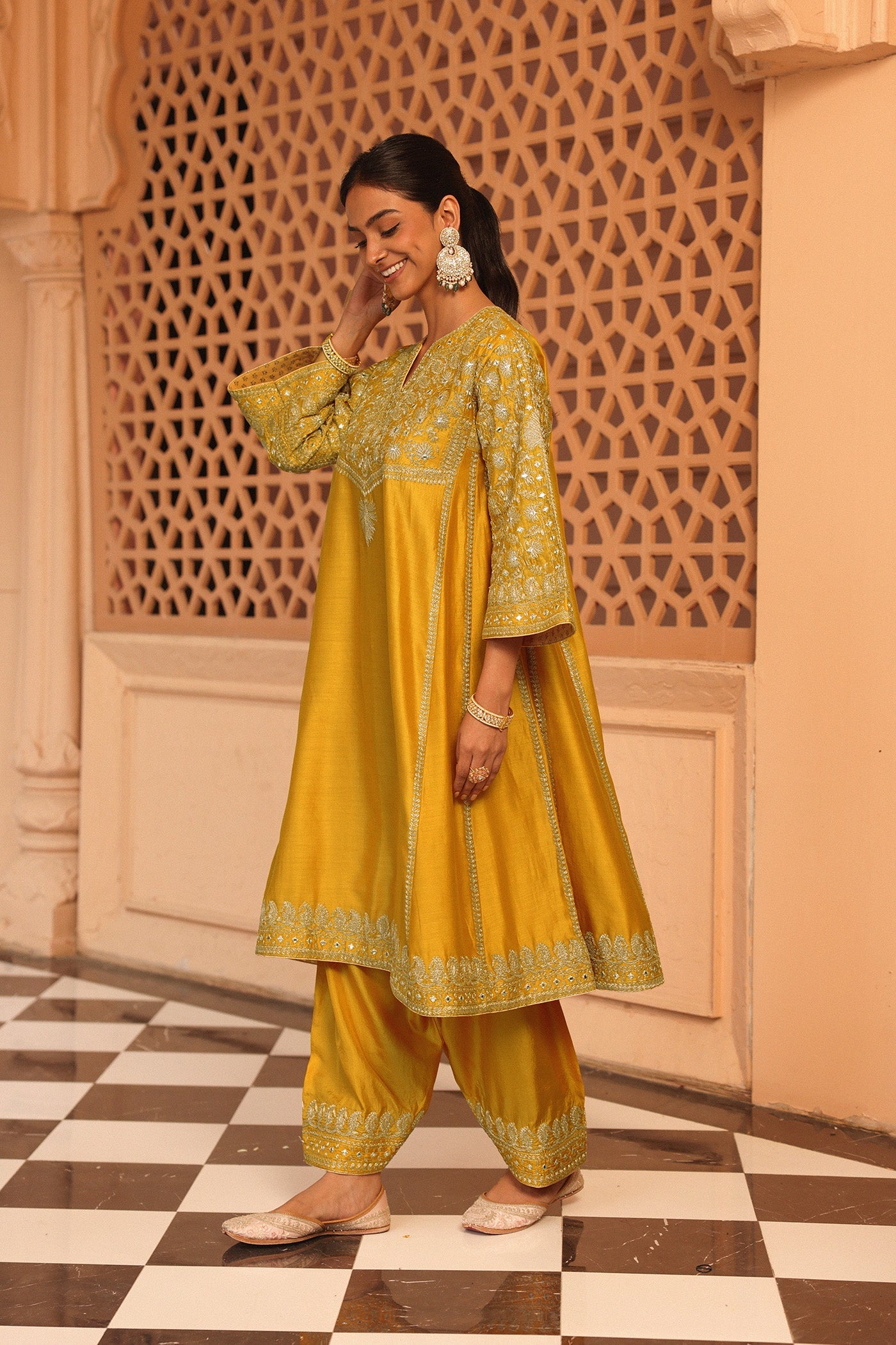 Aiman - Heirloom Mustard Short Knee Length Choga With Salwar And Odhni