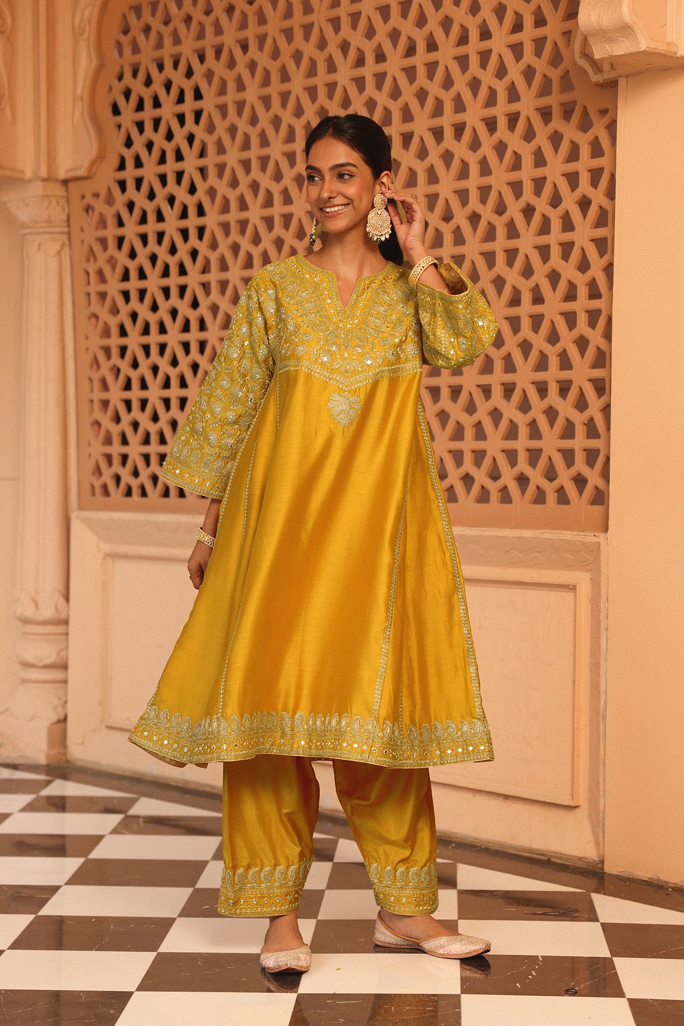 Aiman - Heirloom Mustard Short Knee Length Choga With Salwar