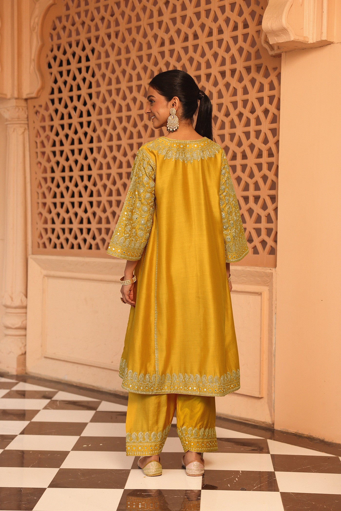 Aiman - Heirloom Mustard Short Knee Length Choga With Salwar And Odhni