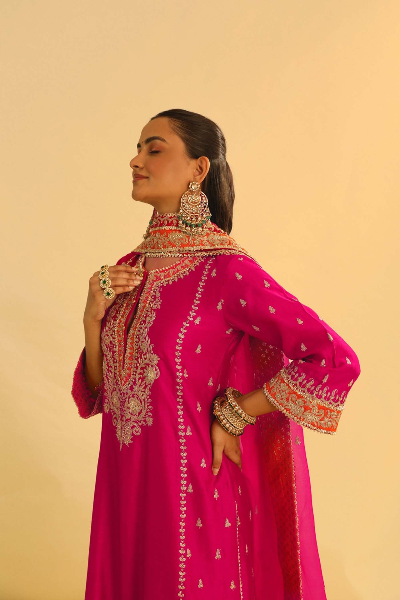 Mayra - Rani Hotpink Long Kurta With Palazzo & Dupatta