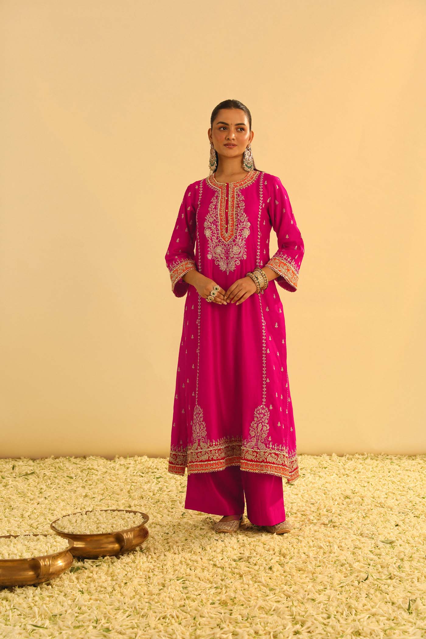 Mayra - Rani Hotpink Long Kurta With Palazzo & Dupatta