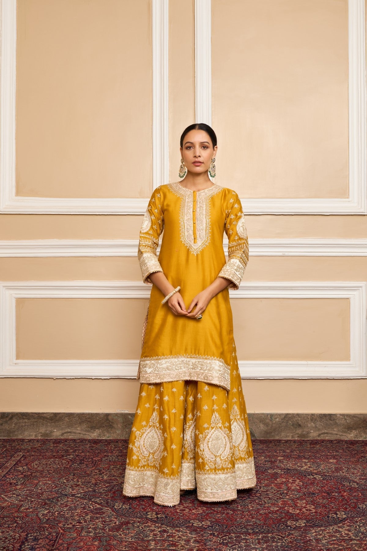 Aashi Wadhwa In Raina - Glaze Mustard Short Kurta With Sharara And Odhni