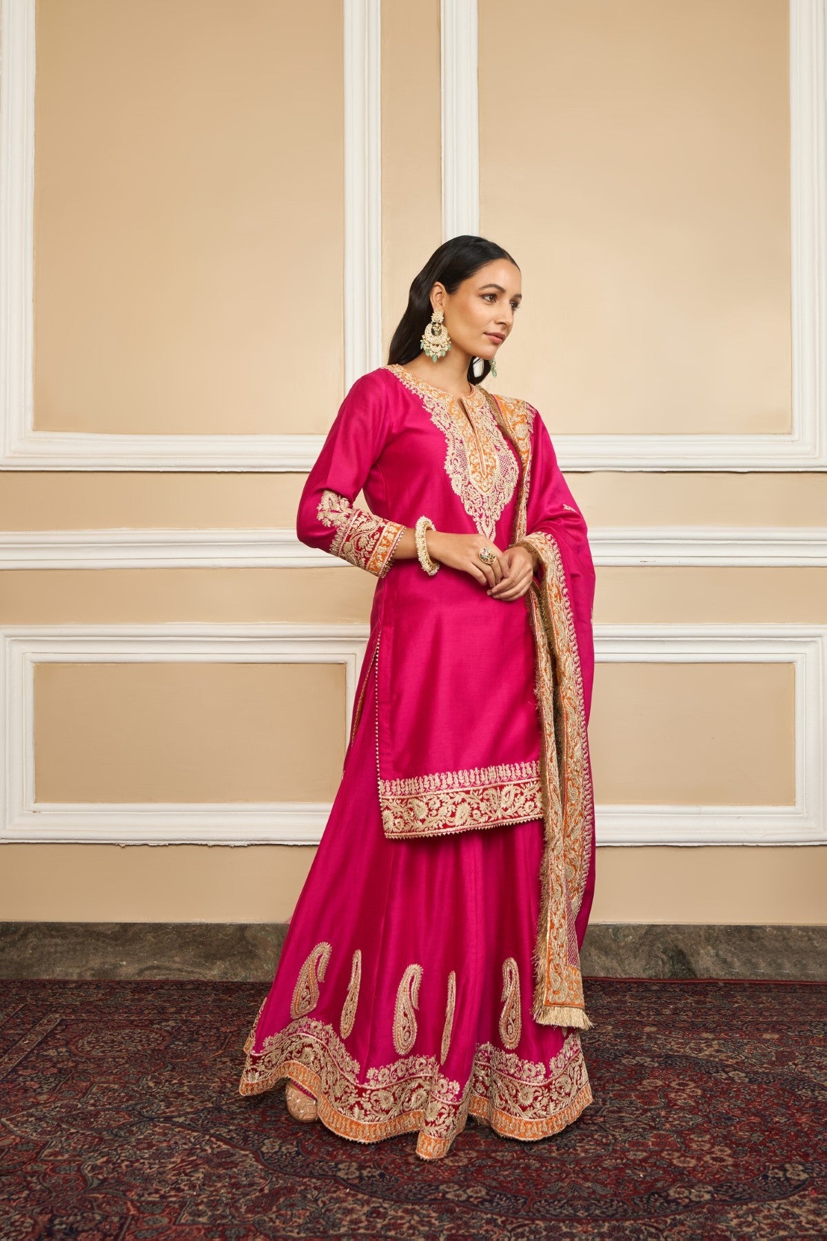 Amira - Rani Hotpink Short Kurta With Sharara And Odhni