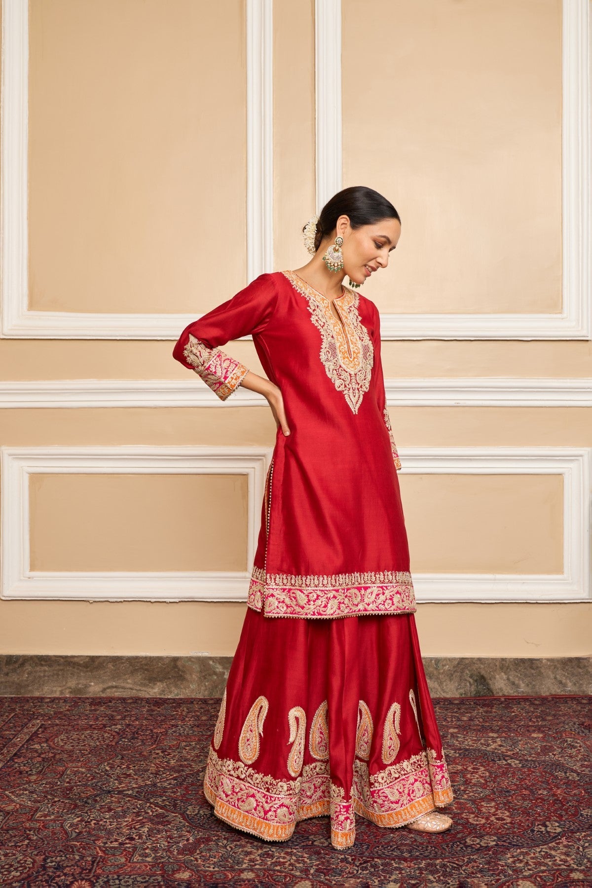 Amira - Deep Red Short Kurta With Sharara And Odhni
