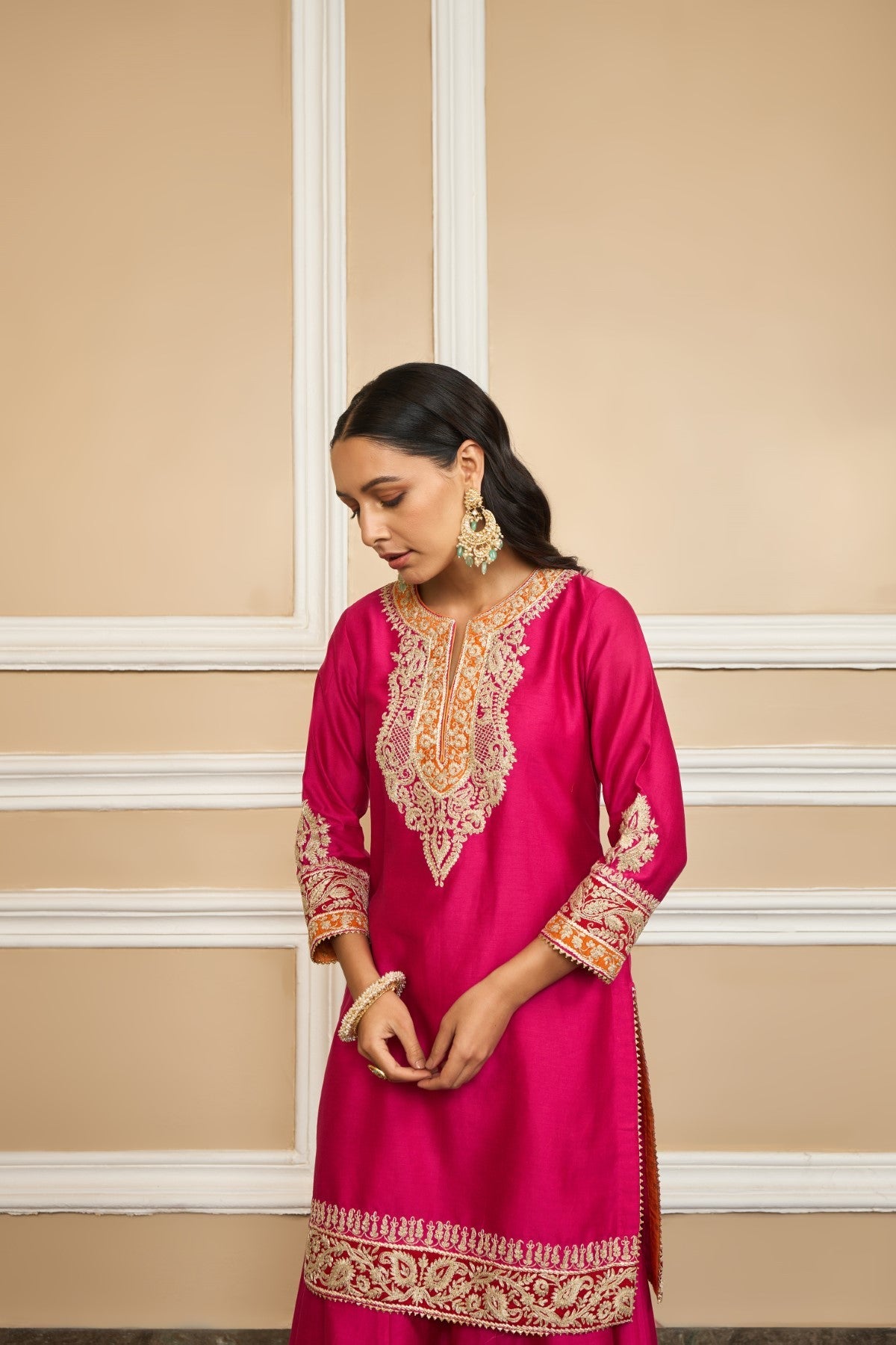 Amira - Rani Hotpink Short Kurta With Sharara And Odhni
