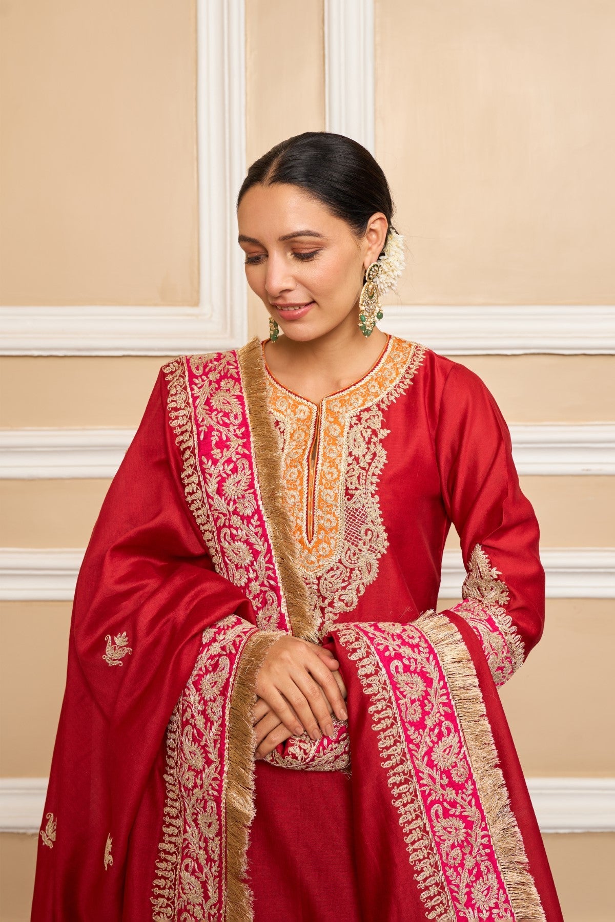 Amira - Deep Red Short Kurta With Sharara And Odhni