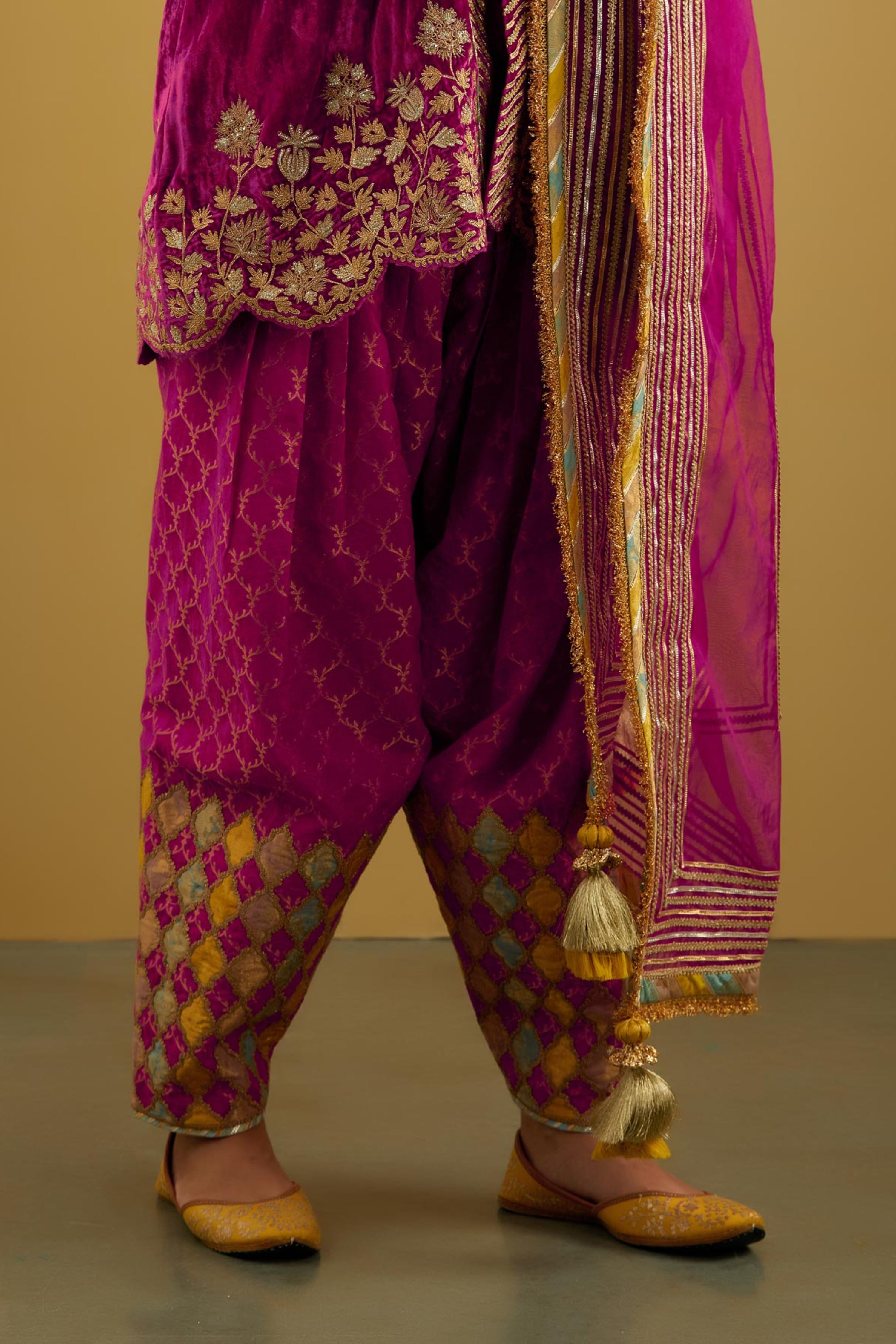 Patchwork Velvet Short Kurta With Salwar