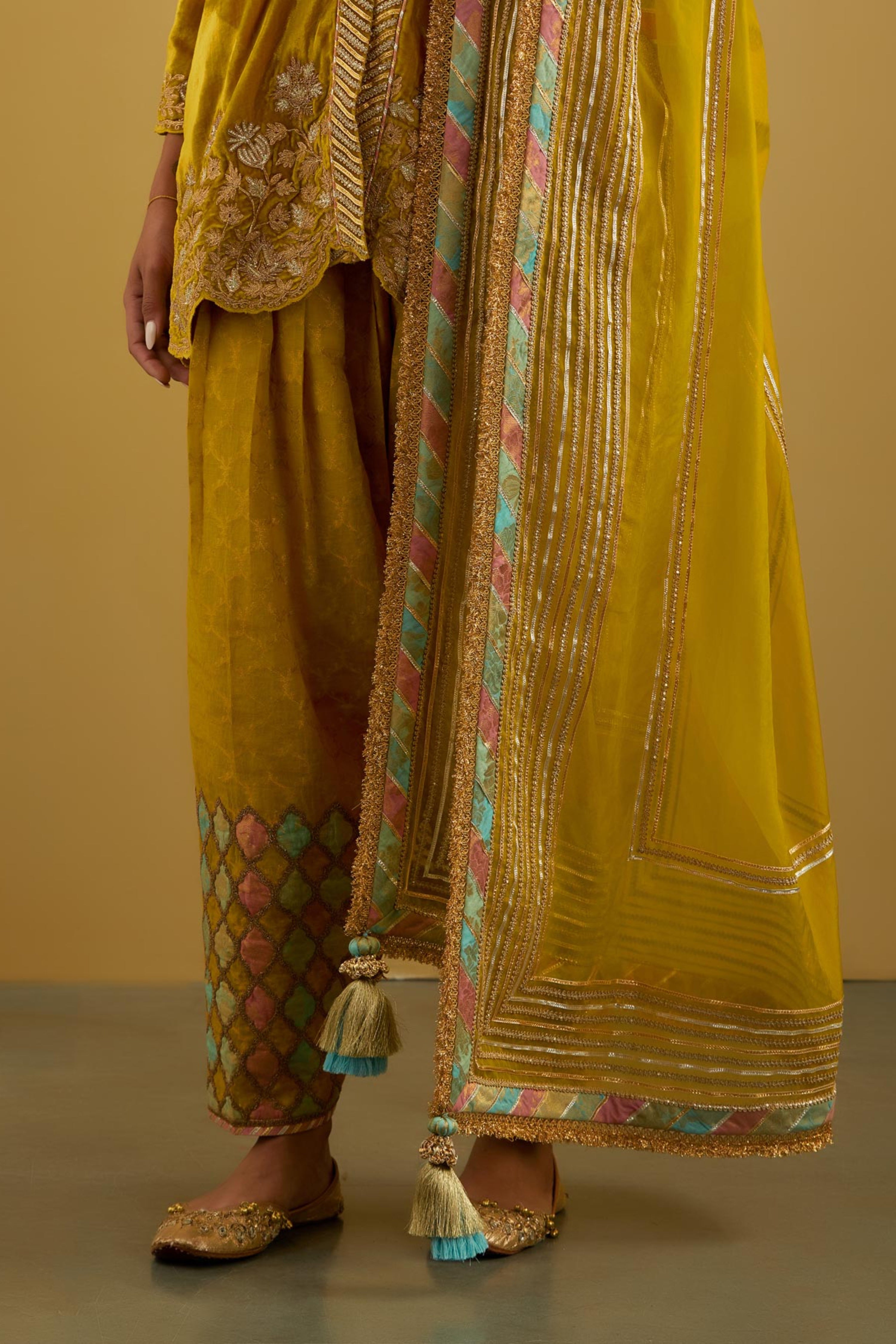 Patchwork Velvet Short Kurta With Salwar