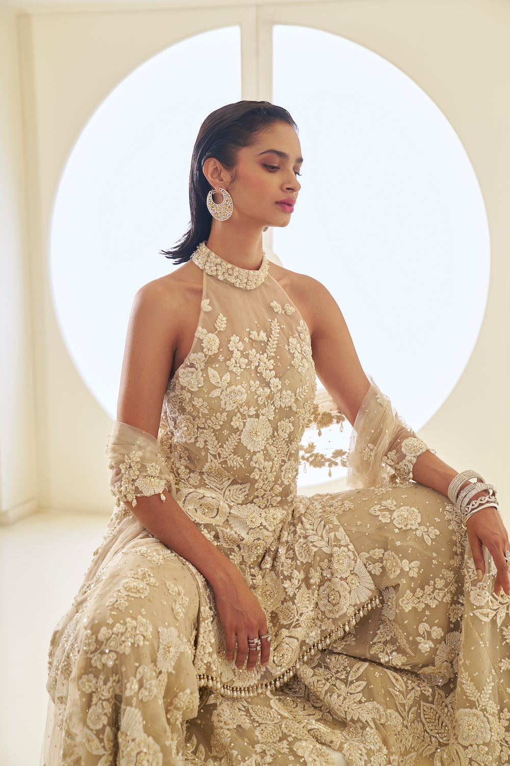 Mira In Nude Three-Dimensional Sharara Set