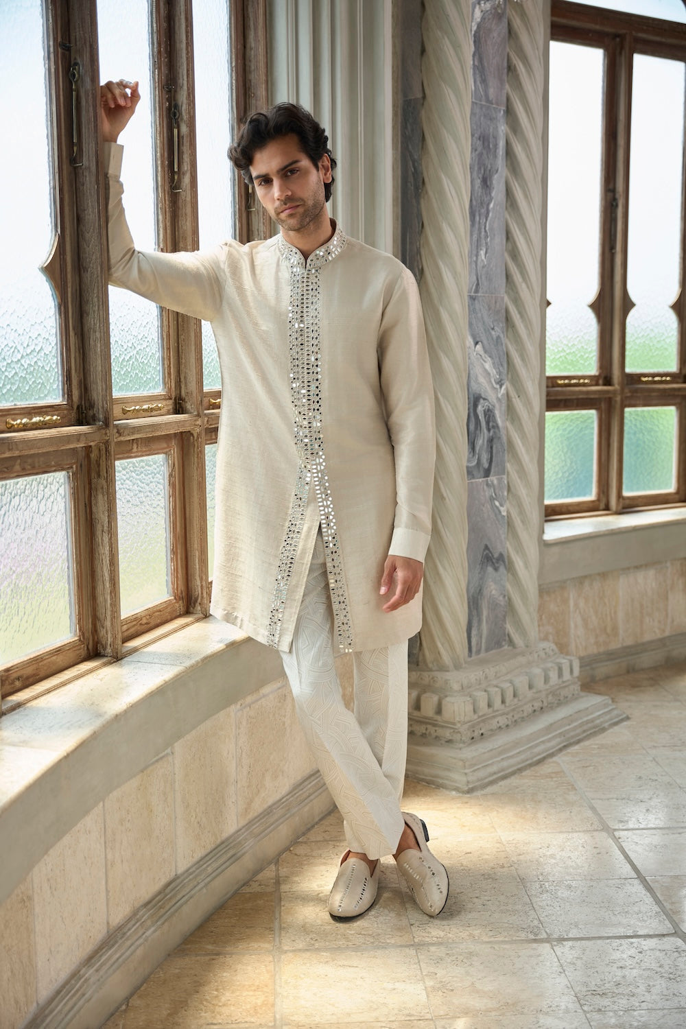 Beige Mirror Work Sherwani Set