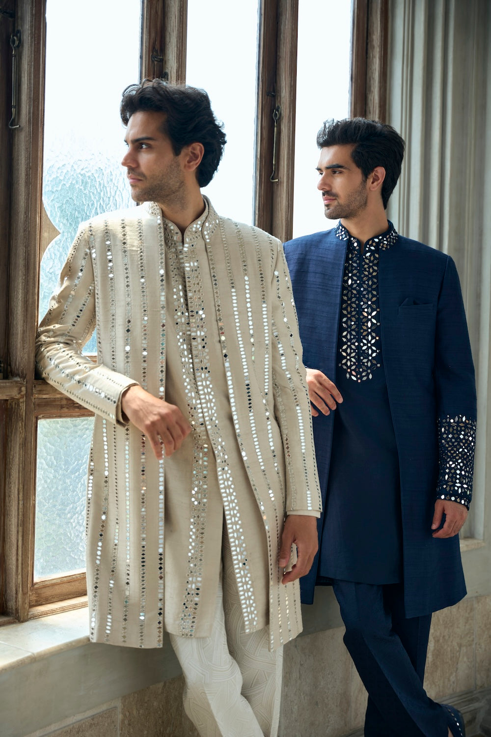 Persian Blue Mirror Open Sherwani Set