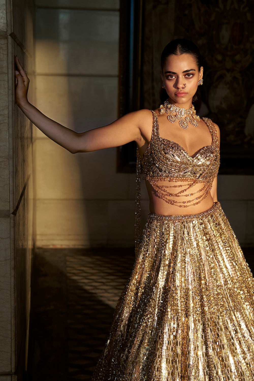 Gold Crystal Lehenga Set
