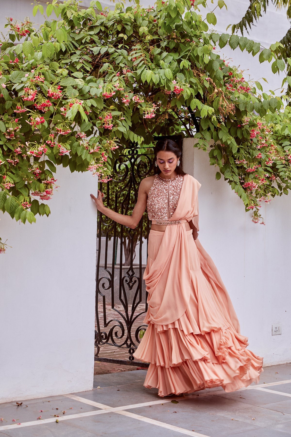 Rose Gold Tonal Embroidered Blouse And Saree