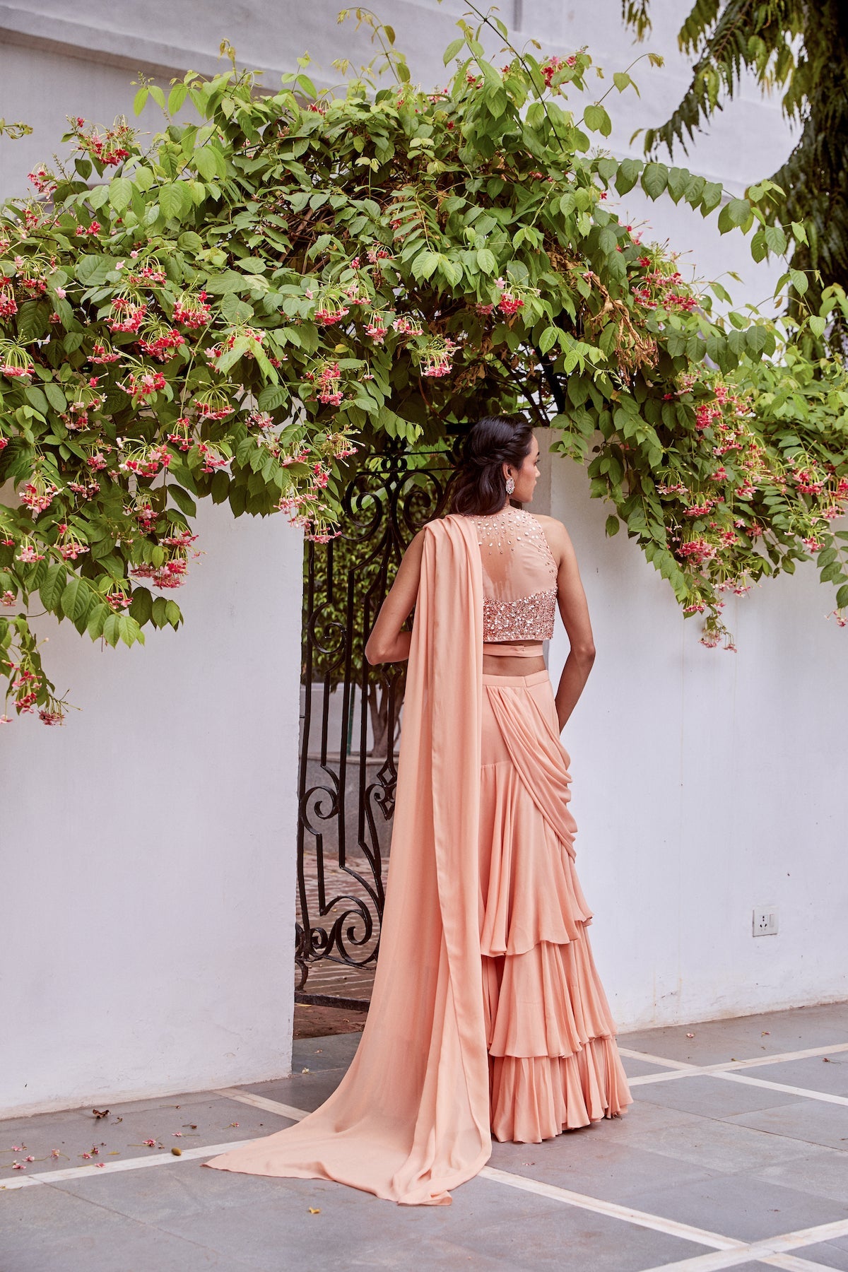 Rose Gold Tonal Embroidered Blouse And Saree