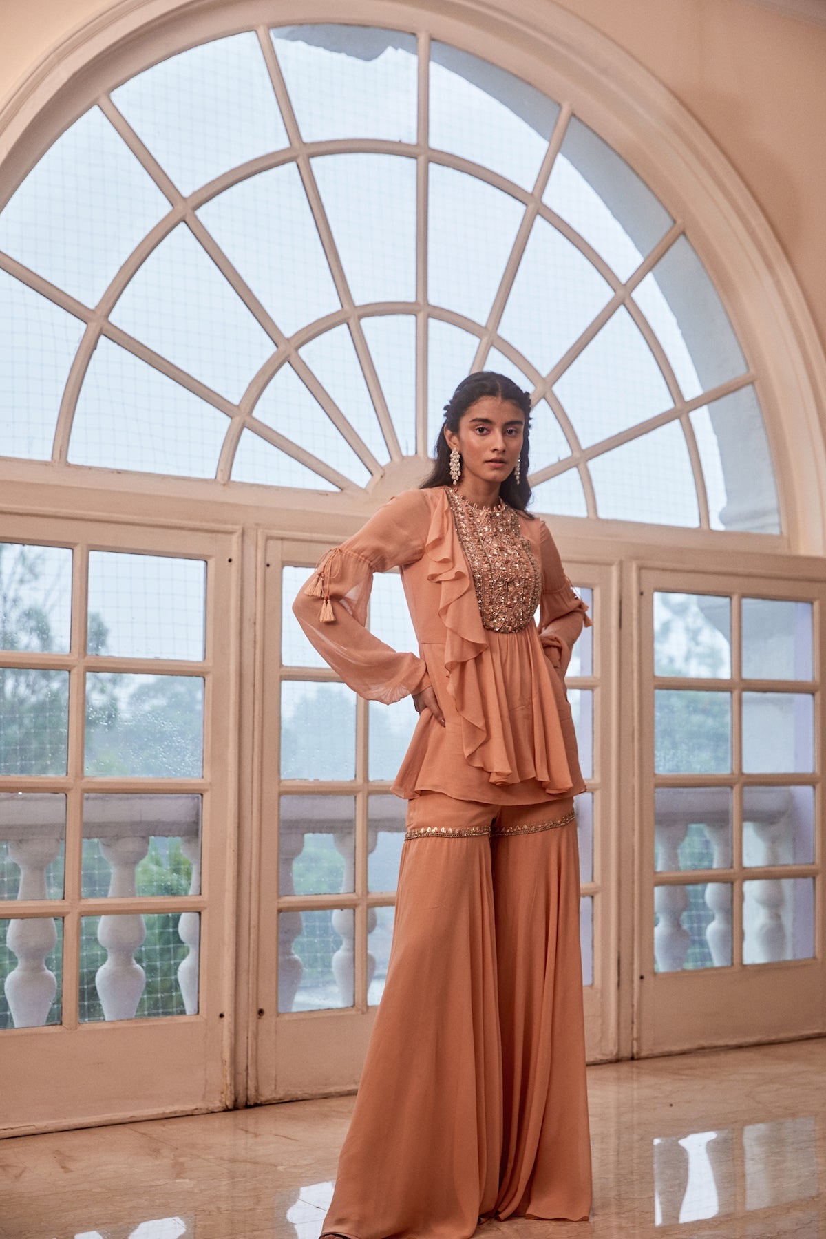 Rose Gold Short Ruffle Kurta With Biased Pants Set