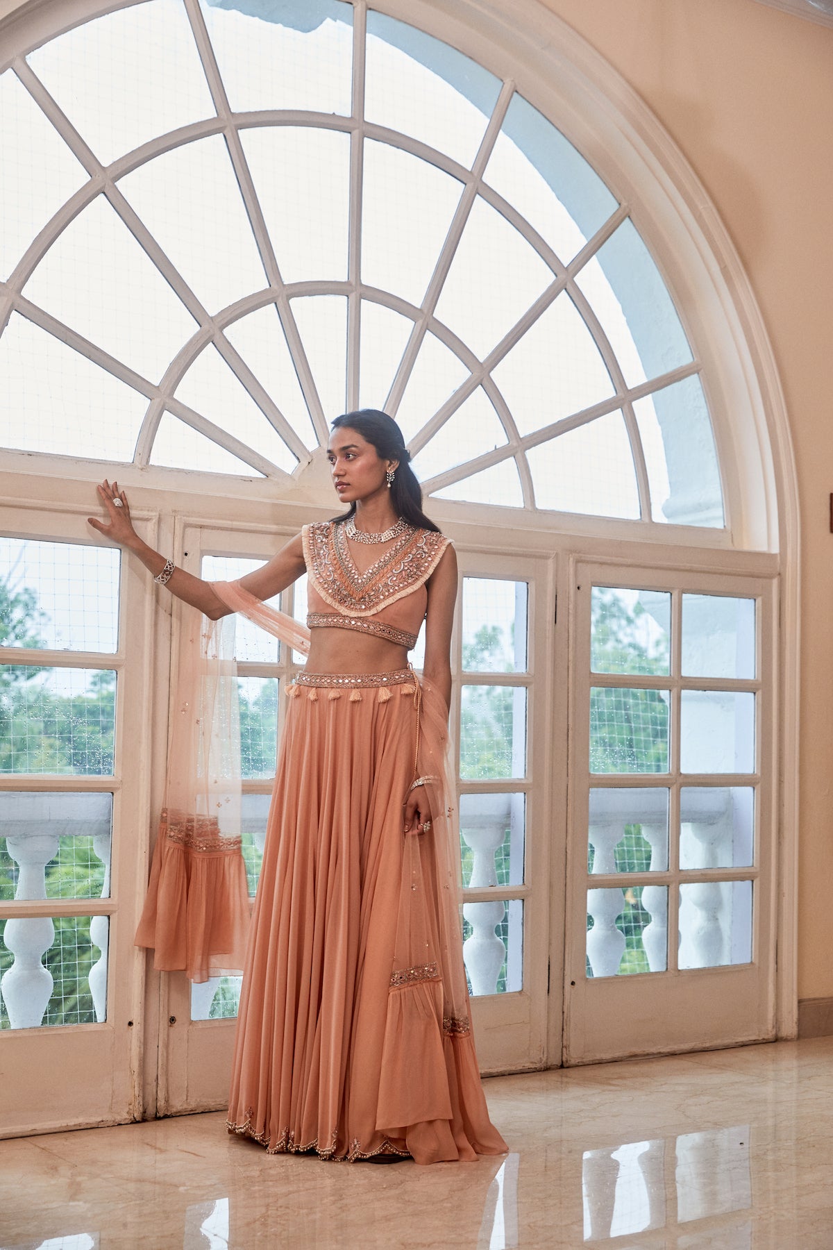 Rose Gold Lehenga With Boho Blouse And Dupatta Set