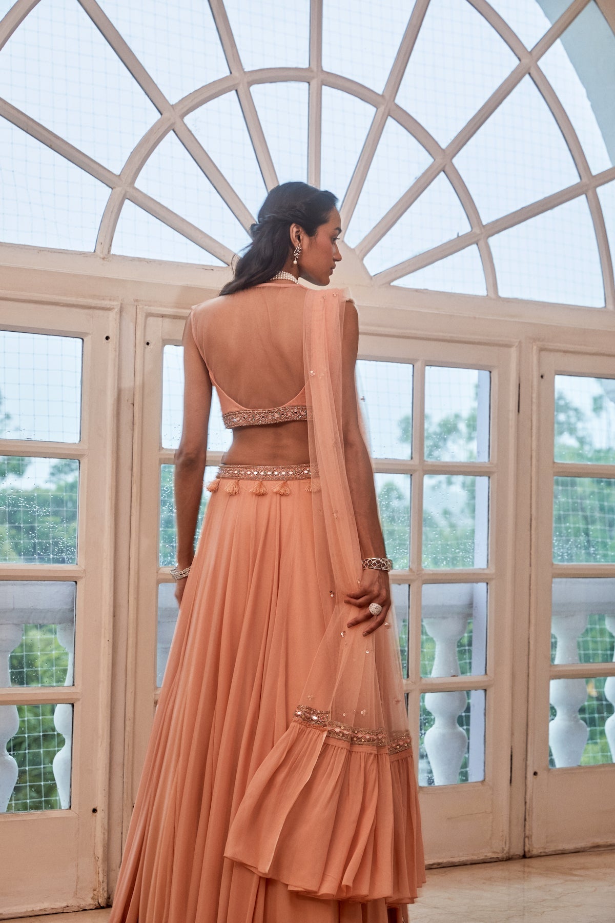 Rose Gold Lehenga With Boho Blouse And Dupatta Set