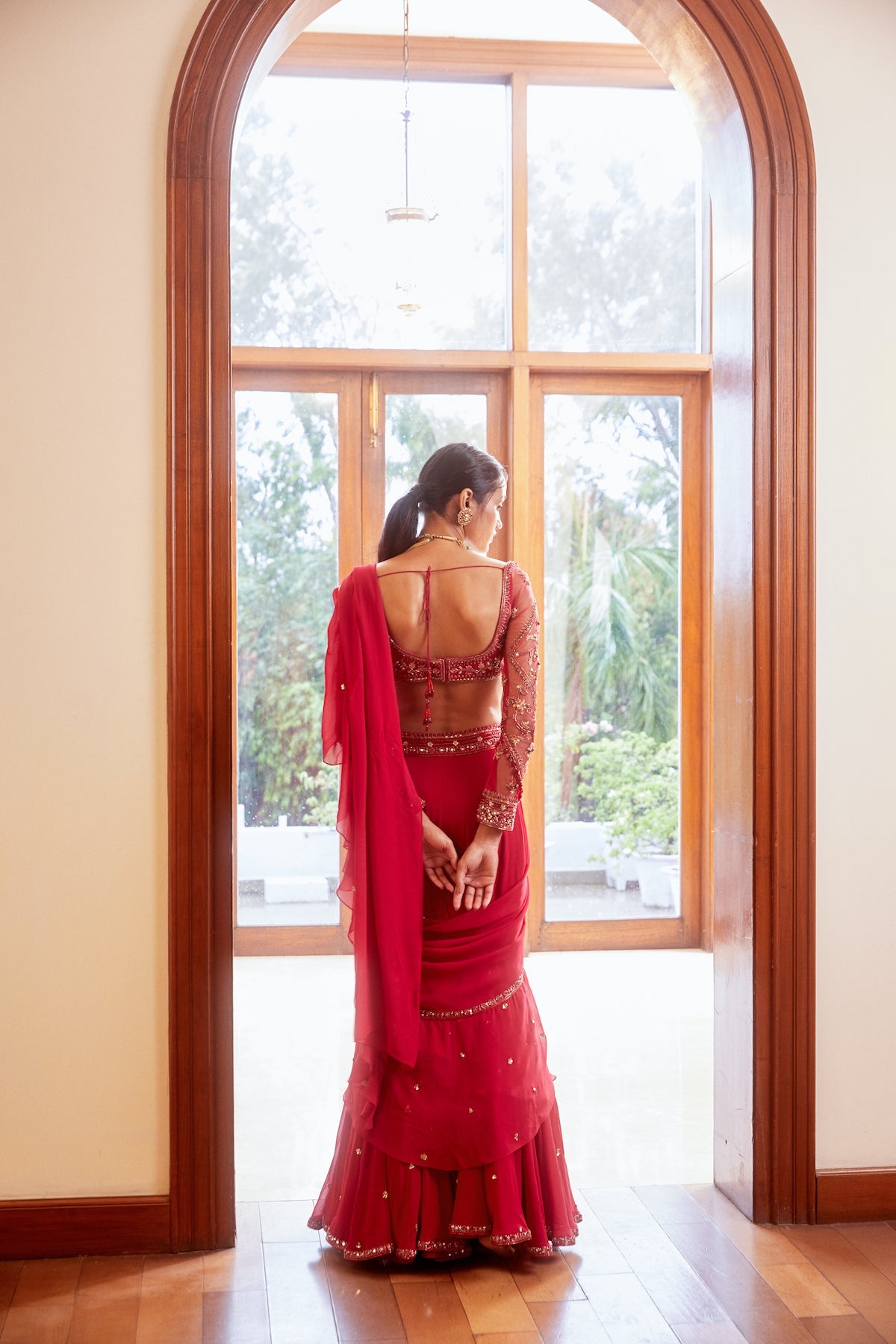 Fuchsia Pre-Stitched Ruffle Saree With Blouse