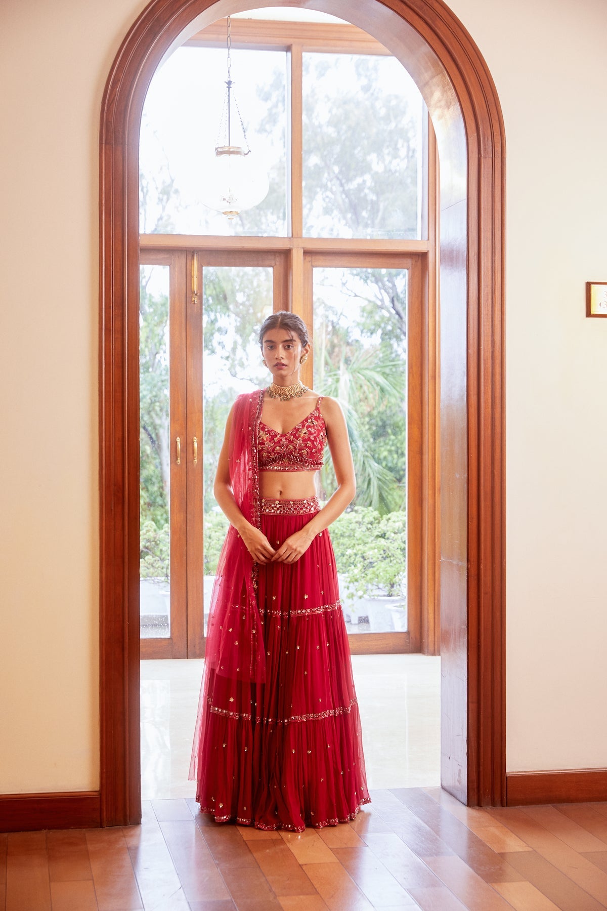 Fuchsia Three Tiered Lehenga With Blouse And Dupatta Set