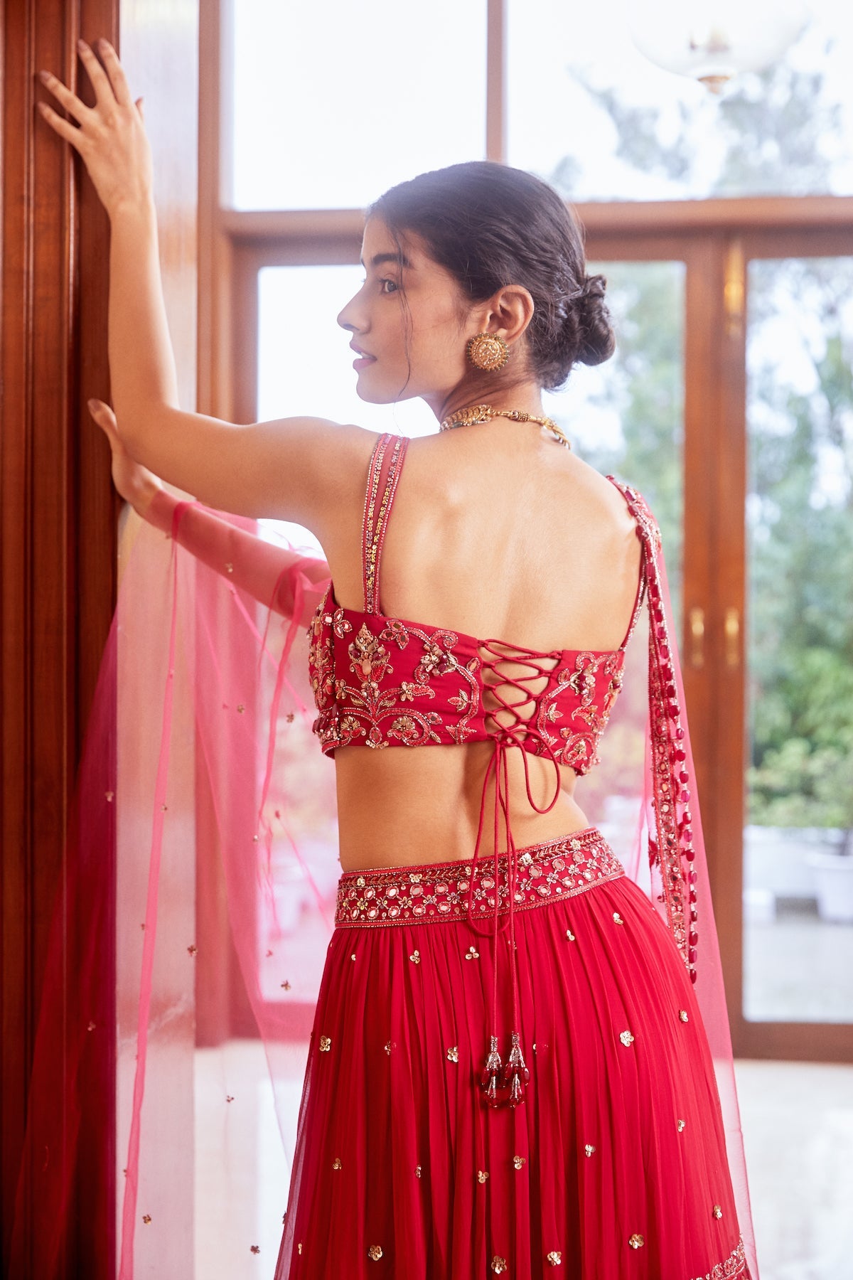 Fuchsia Three Tiered Lehenga With Blouse And Dupatta Set