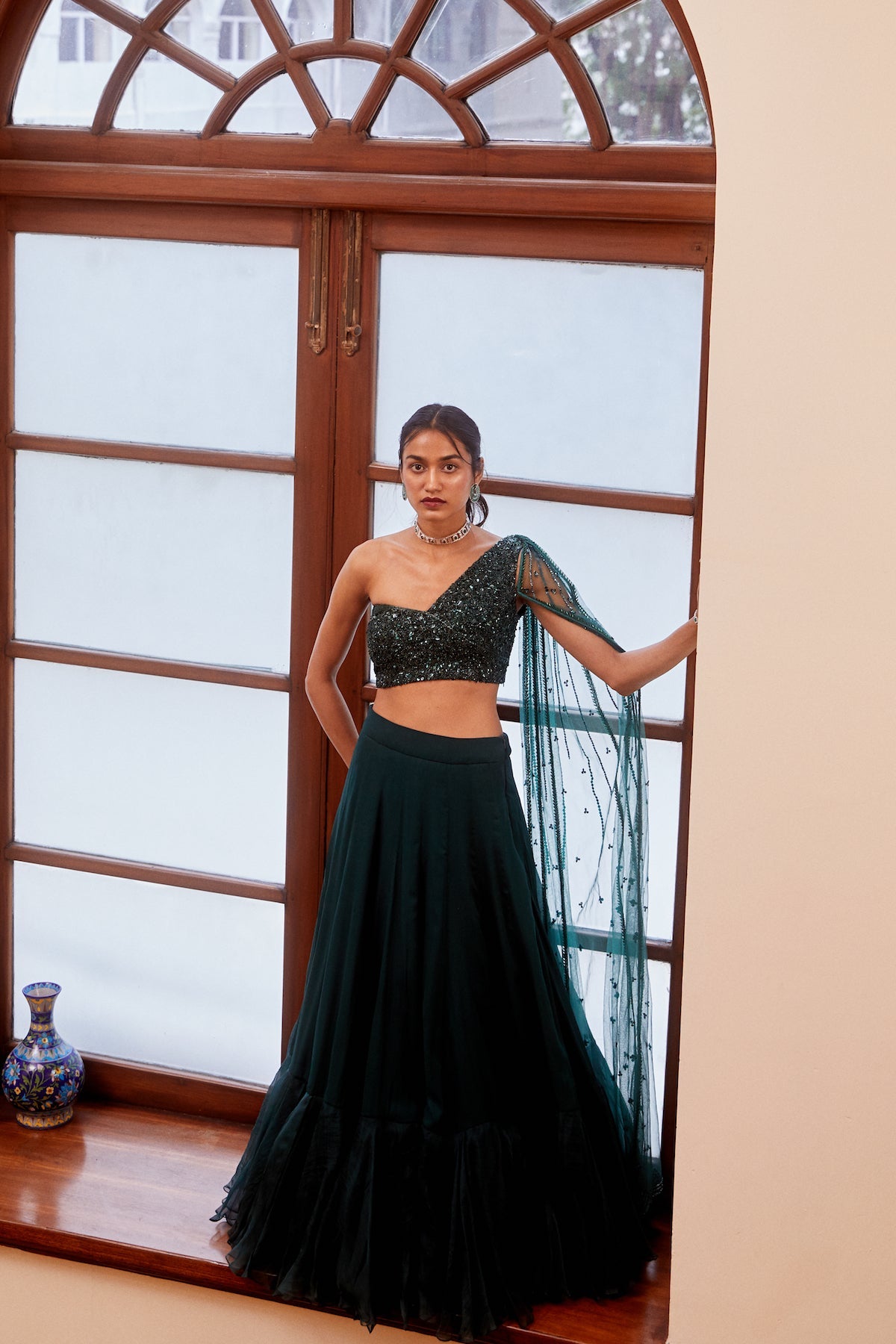 Teal Green Tonal Embroidered Blouse And Lehenga Set