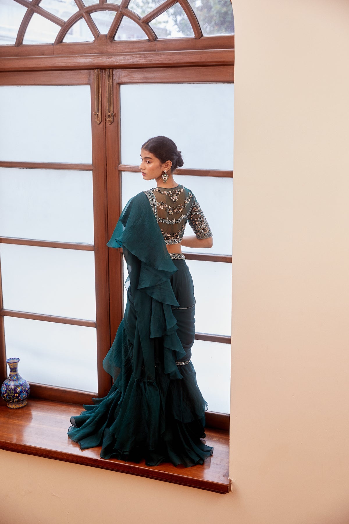 Teal Green Mirrorwork Blouse And Ruffle Saree