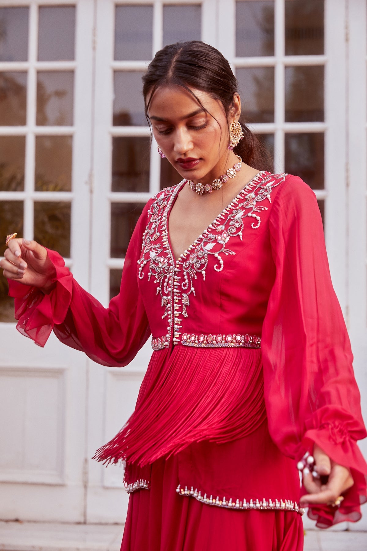 Fuchsia Fringe Peplum With Flared Palazzo Set